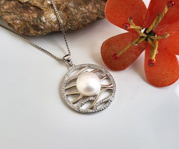 Schöner-SD Perlenkette Perlenanhänger rund mit 10mm großer Süßwasserperle und Silberkette, mit Zirkonia