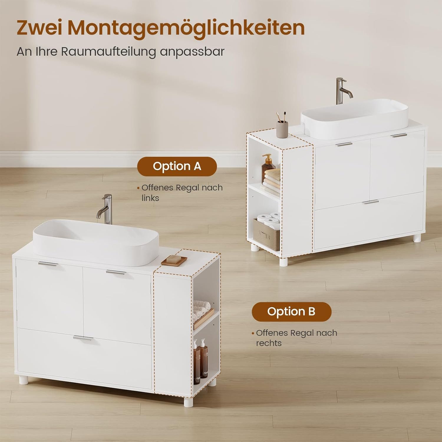 MSMASK Waschbeckenunterschrank Badezimmerschrank mit 2 Türen, Große Schublade, 30 x 60 x 75 cm Offene Fächer an Einer Seite, Rechts Oder Links Austauschbar, Wei – Bild 4 von 5