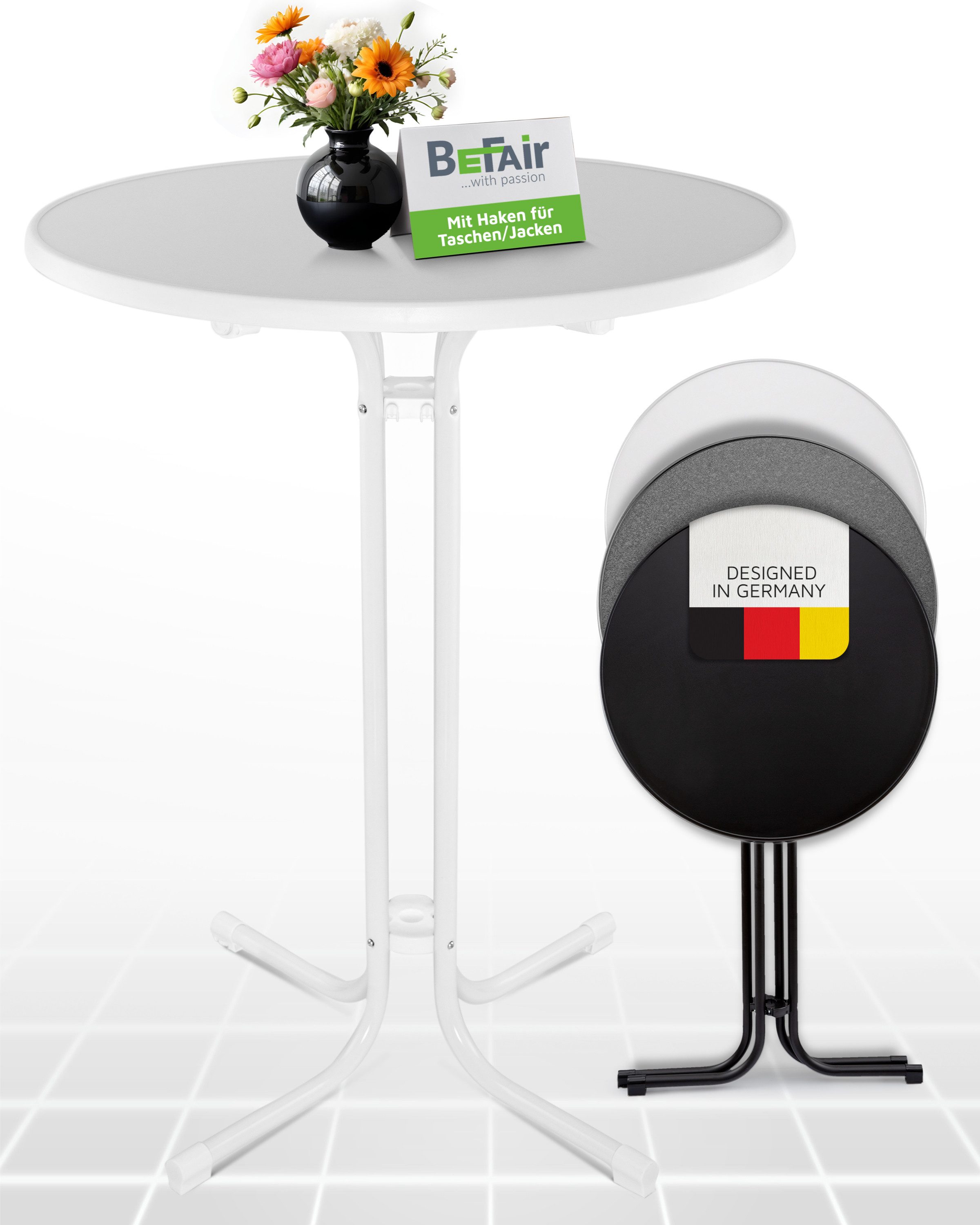 BeFair Stehtisch Nico, Gastro Klappbar 70 cm & 80 cm Nico Bistrotisch Partytisch Rund Weiß