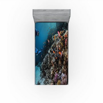 Spannbettlaken Soft Dekorativer Stoff Bettwäsche Rund-um Elastischer Gummizug, Abakuhaus, Taucher Vivid Coral Reef Blue Waters