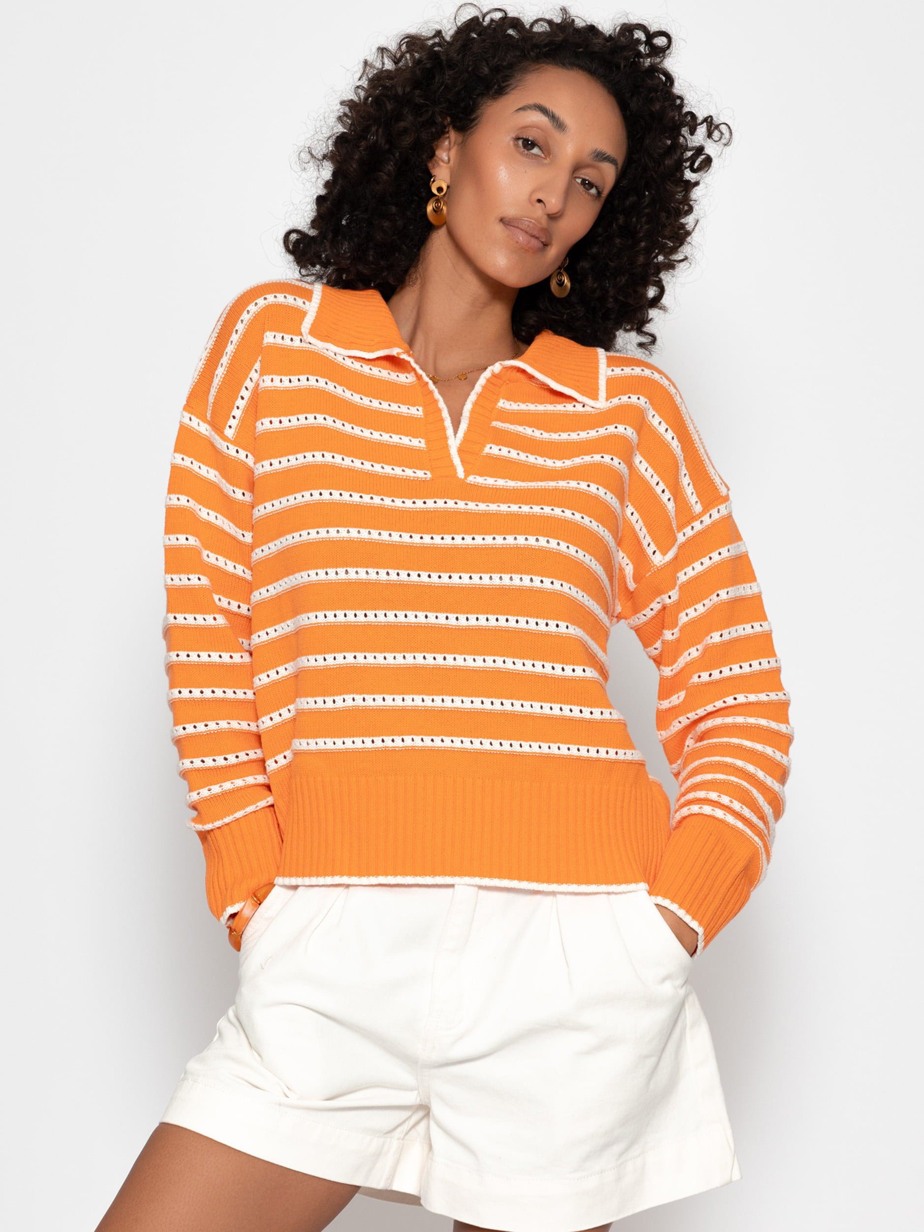SASSYCLASSY Strickpullover Feinstrickpullover mit Polokragen für Damen Pullover mit Ajourstreifen und V-Ausschnitt in lockerem Schnitt