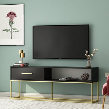 moebel17 TV-Regal TV Lowboard Mira Schwarz Gold mit Metall Füße 9635, modernes TV Lowboard in Schwarz mit Goldenen Metallfüßen