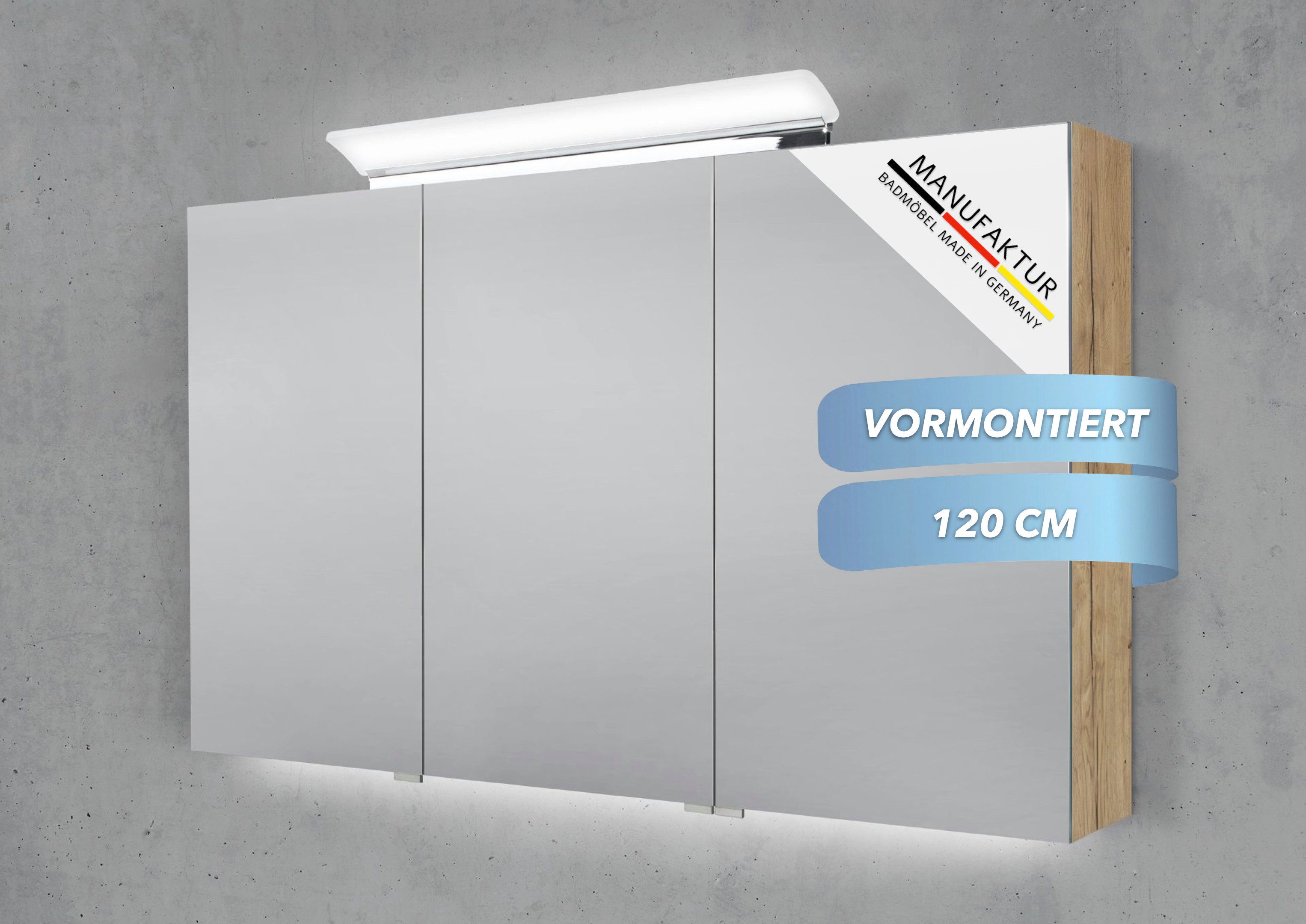 Intarbad Badezimmerspiegelschrank 3-türiger Spiegelschrank mit großflächiger MULTI LED Aufsatzleuchte (Doppelspiegeltüren, Holz-/ Lackdekore, Maße von 120 bis 140 cm wählbar, Höhe 70 cm, Glasfachböden, Magnetleiste & Kosmetikspiegel Ø 12 cm) dimmbar, Vormontierte Lieferung, 160 kg Traglast, Made in Germany