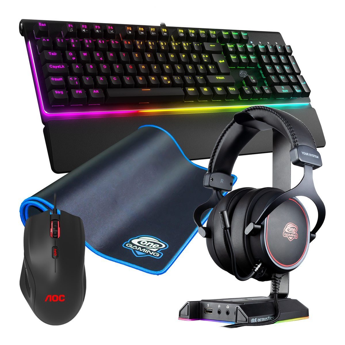 ONE GAMING ONE GAMING Ultimate Bundle 02 Tastatur-, Maus- und Mauspad-Set,  Elektronisches Noise Cancelling, RGB-Beleuchtung