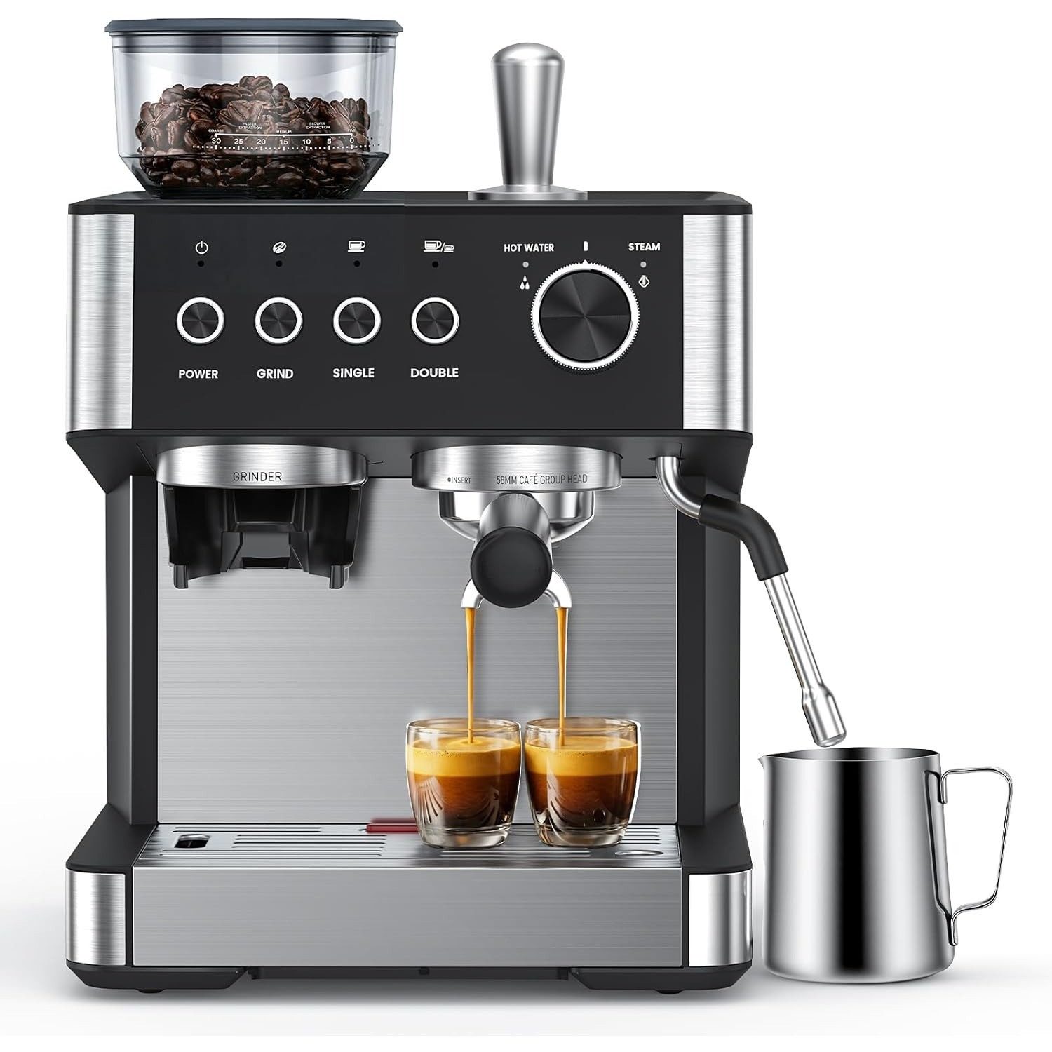 COWSAR Espressomaschine mit Mahlwerk & Milchaufschäumer – 15 Bar Pumpendruck, 30 Mahlgrade, Schnellaufheizung, 2,5L Wassertank, Für Espresso, Cappuccino
