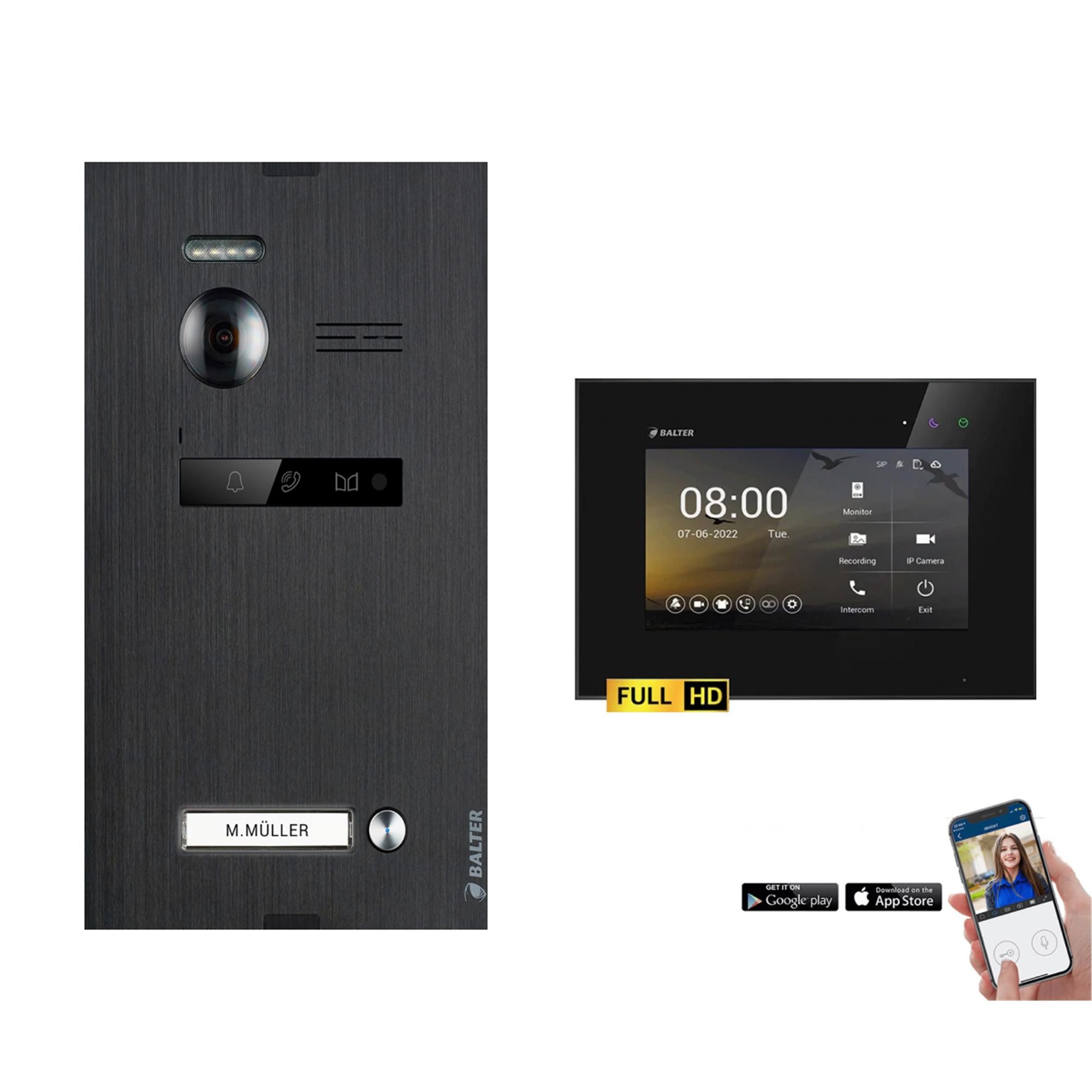 Balter Video-Türsprechanlage EVO-HD Komplettset 1-Familie Schwarz 1x 7" WLAN Monitor Schwarz (Set, 1-Familienhaus, Komplettset, FullHD Kamera, mit App)
