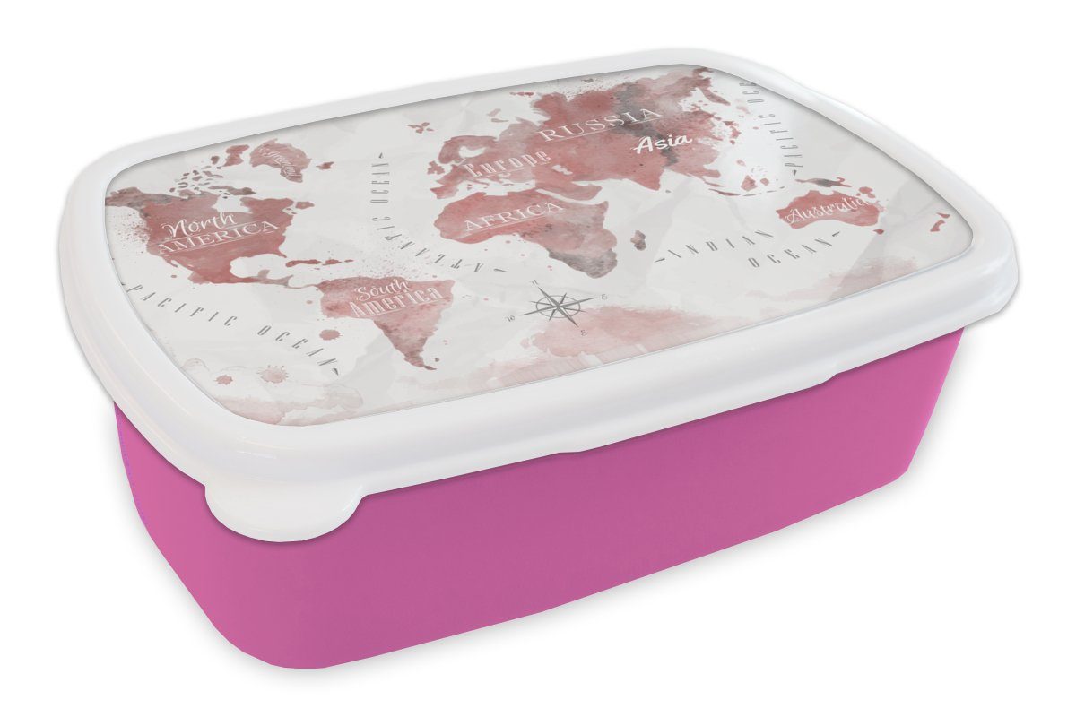 MuchoWow Lunchbox Weltkarte - Farbe - rosa, Kunststoff, (2-tlg), Brotbox für Erwachsene, Brotdose Kinder, Snackbox, Mädchen, Kunststoff