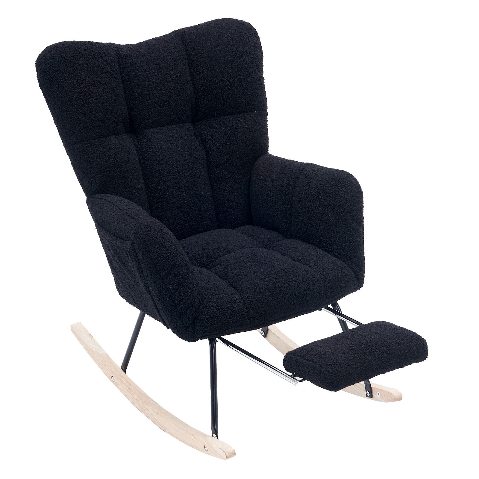 Yorbay Schaukelstuhl Ohrensessel mit ausziehbaren Fußstützen, hoher Rückenlehne (für Wohnzimmer, Schlafzimmer, Balkon, Leseraum), Mit Polsterung und Teddystoff, Mit Seitentasche