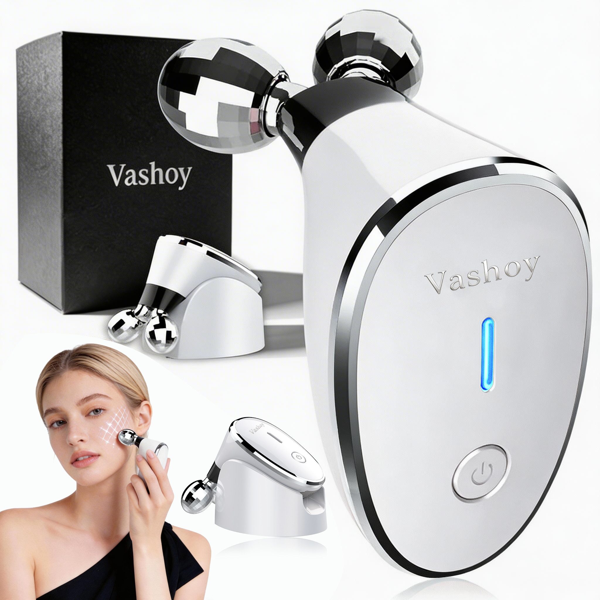 Vashoy Gesichtsmassagegerät Schönheitsapparat 5-in-1 Schönheitsgerät, 3 EMS-Stufen, Anti-Aging, Gua Sha Elektrisch mit 360° V-Roller mit Ultraschall-Vibration 1-tlg., für straffere Haut & mehr Elastizität, Tragbares Beauty-Gerät für Zuhause & Reisen,Gesch
