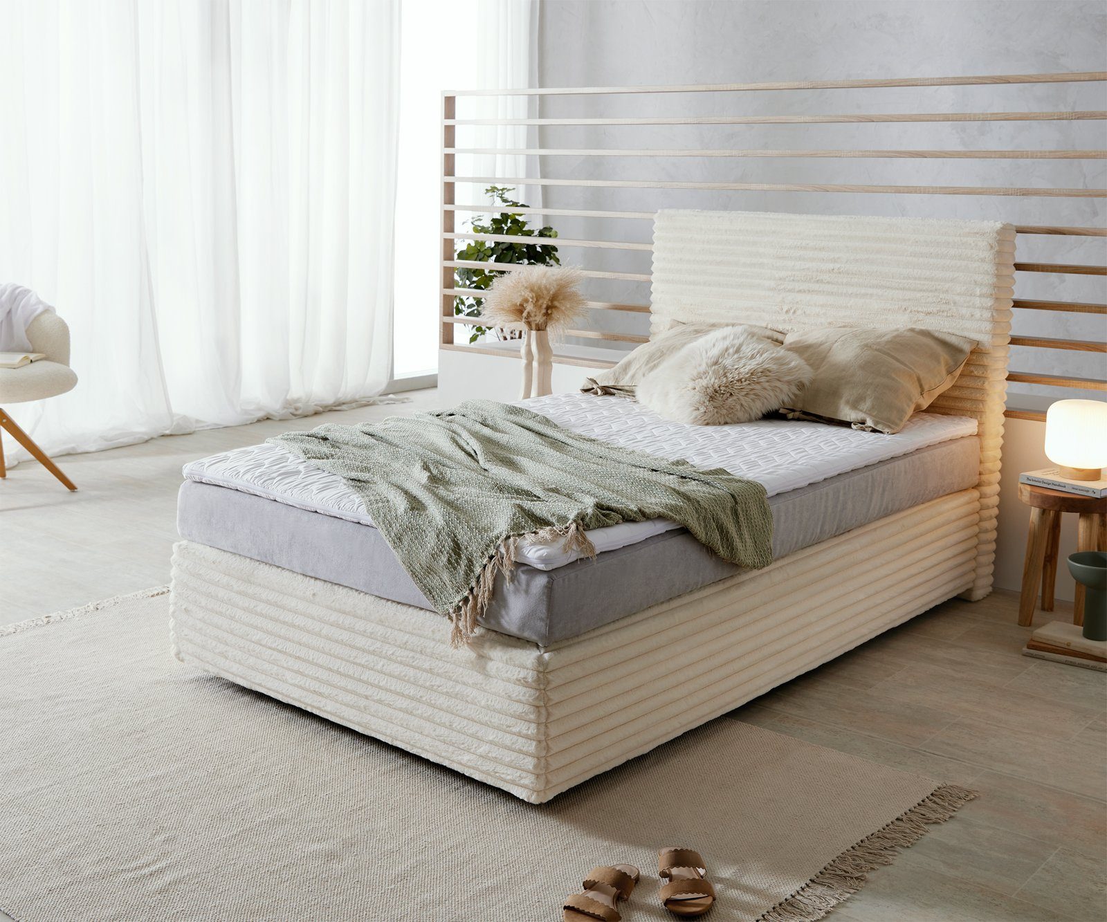 DELIFE Boxspringbett Dream-Well, Plüsch-Cord Beige 120x200 günstig online kaufen