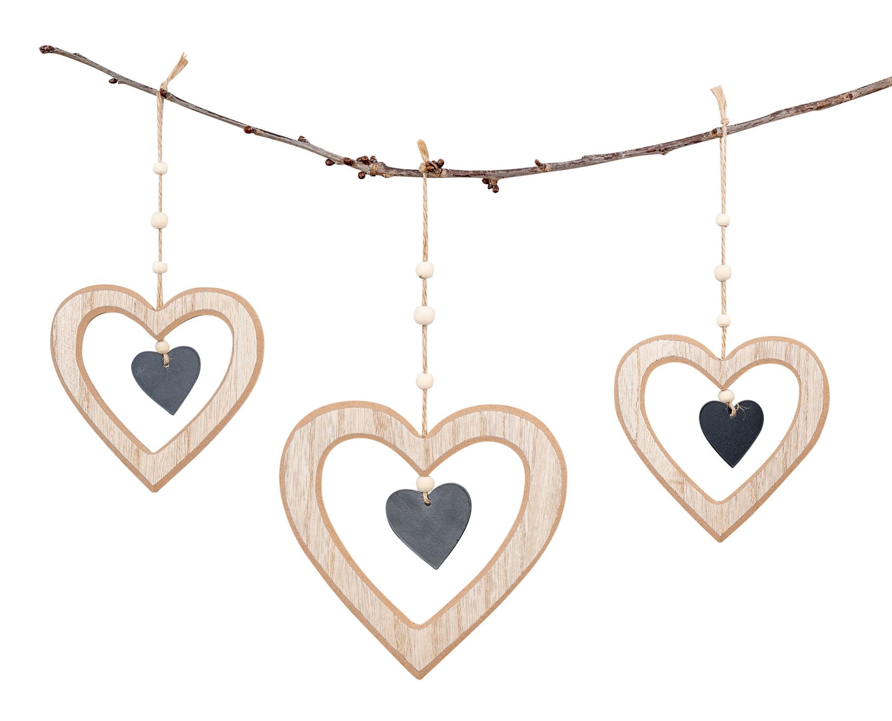 Levandeo® Windspiel, 3er Set Herz Anhänger Natur Schwarz MDF Holz Metalldeko Hängedeko