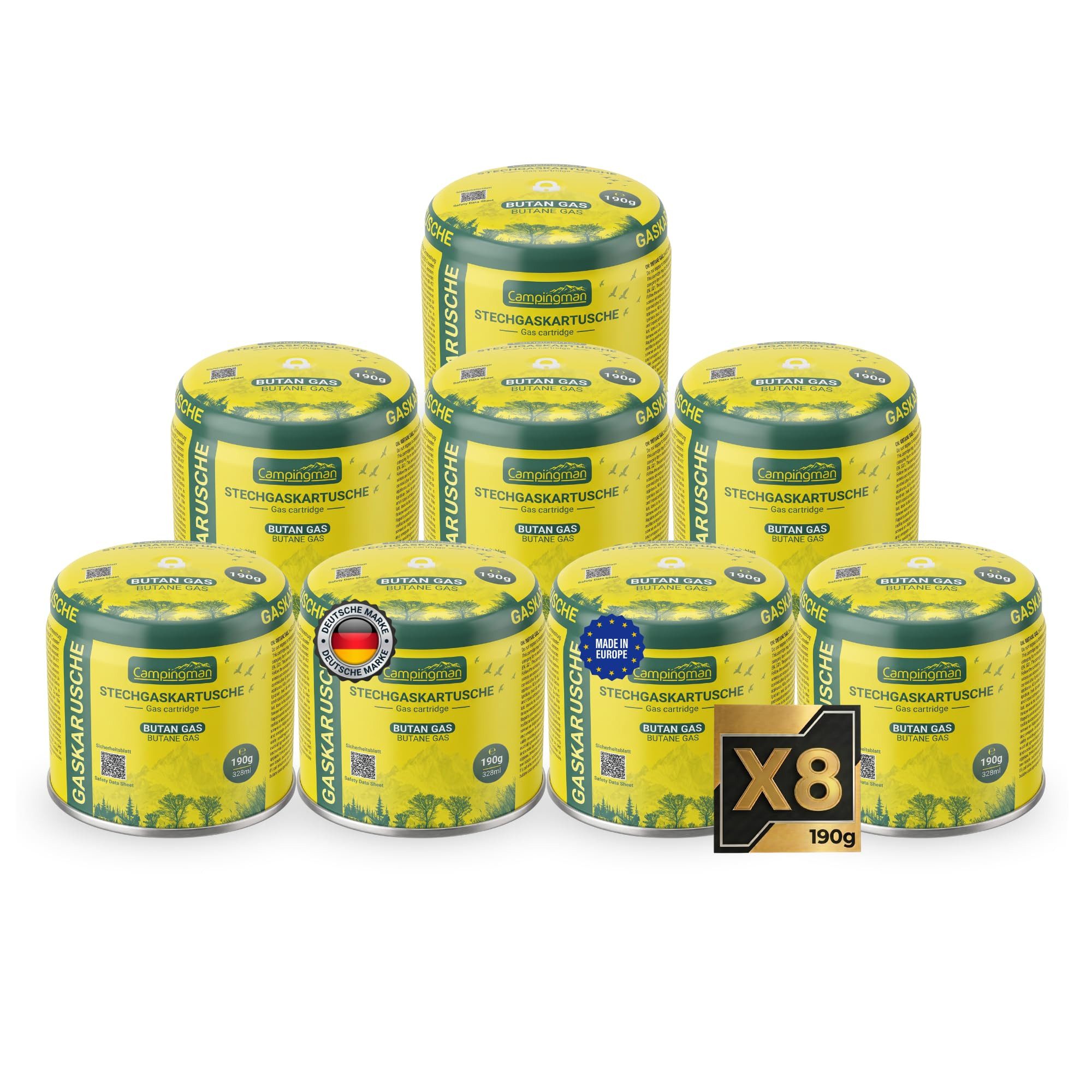 Campingman Gaskartusche Stechkartusche Typ 200 190 g 8er-Set, Zubehör für Campingkocher, Gaskocher, Gasbrenner, Lötbrenner, Bunsenbrenner, C206 kompatible Gasgeräte, Typ 200 Stechkartuschen-Geräte, Gaslampen, Typ 200 Stechkartusche, C206 kompatibel, EN 417 geprüft, 8er Set