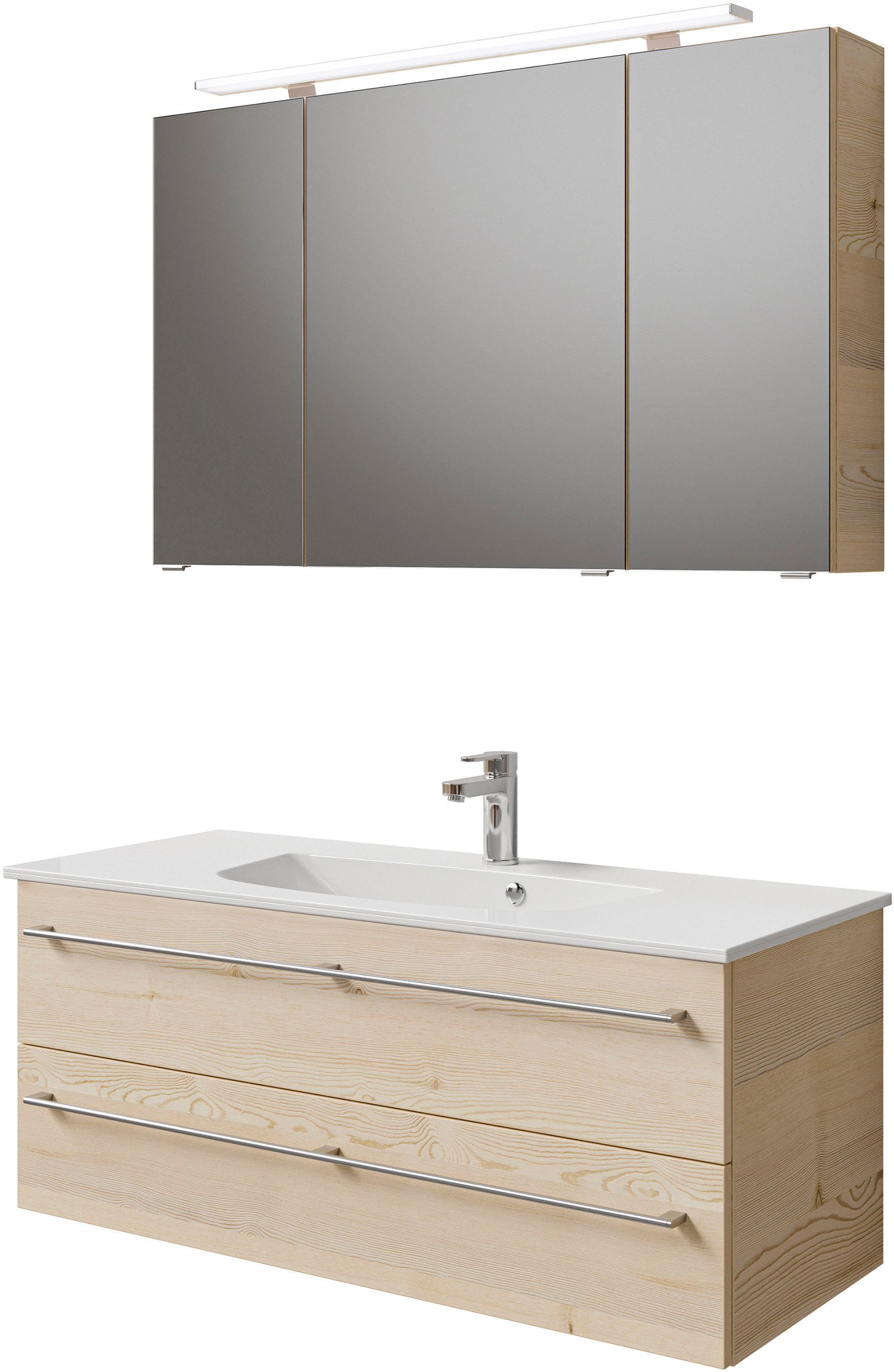 Saphir Badmöbel-Set Serie 6025 2-teilig Mineralmarmor-Waschtisch mit LED-Spiegelschrank, (2-St), Waschplatz 117cm breit, 2 Schubladen, 3 Spiegel-Türen, inkl Türdämpfer