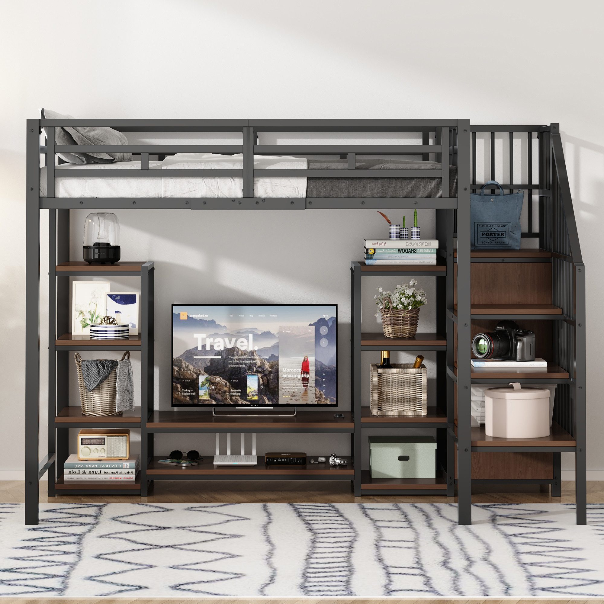 Flieks Hochbett Kinderbett 90x200cm mit TV-Ständer, Steckdose und Stauraumt günstig online kaufen