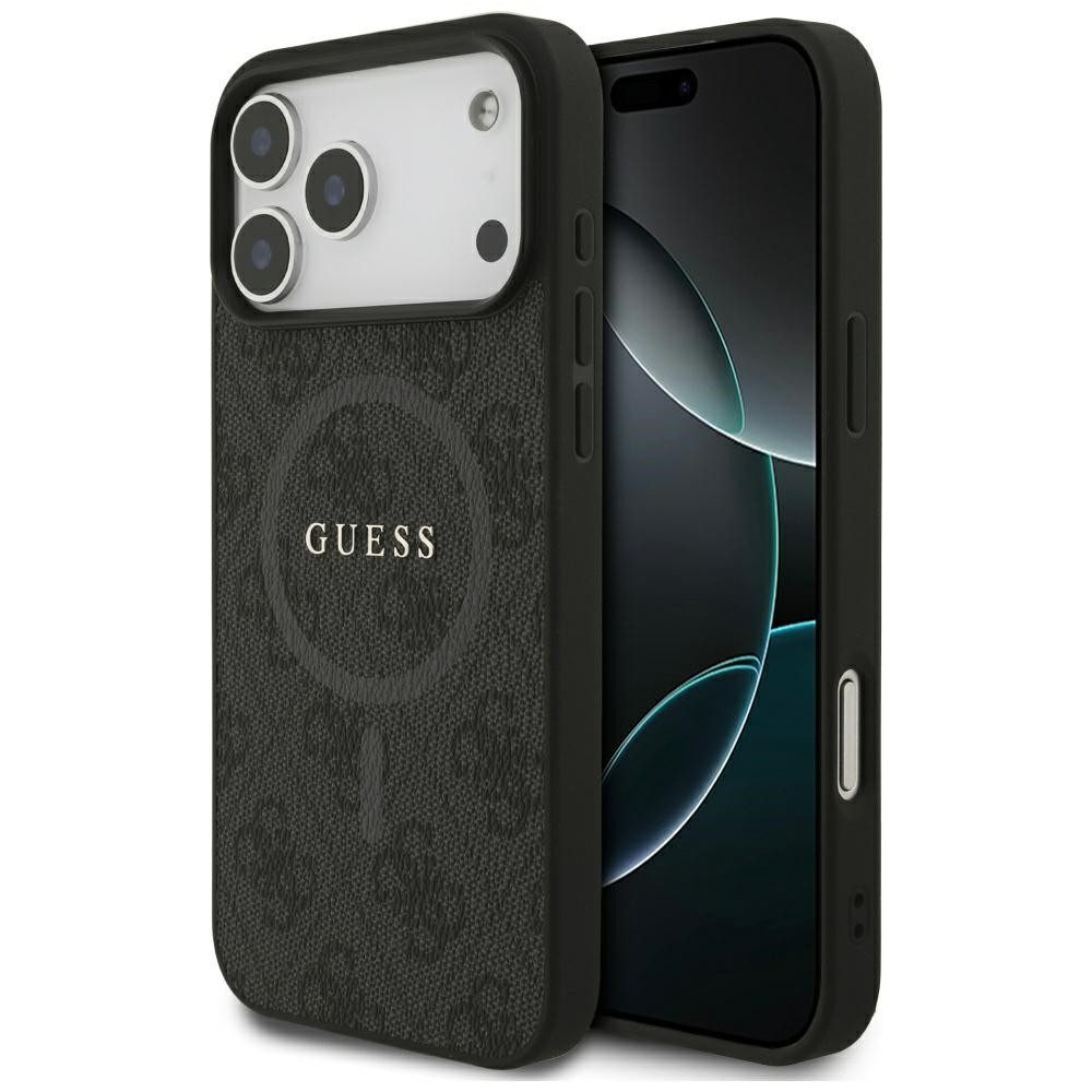 Guess Handyhülle MagSafe iPhone 17 Pro Max Kunstleder grau Logo Metall goldfarben 6,9 Zoll, Kantenschutz