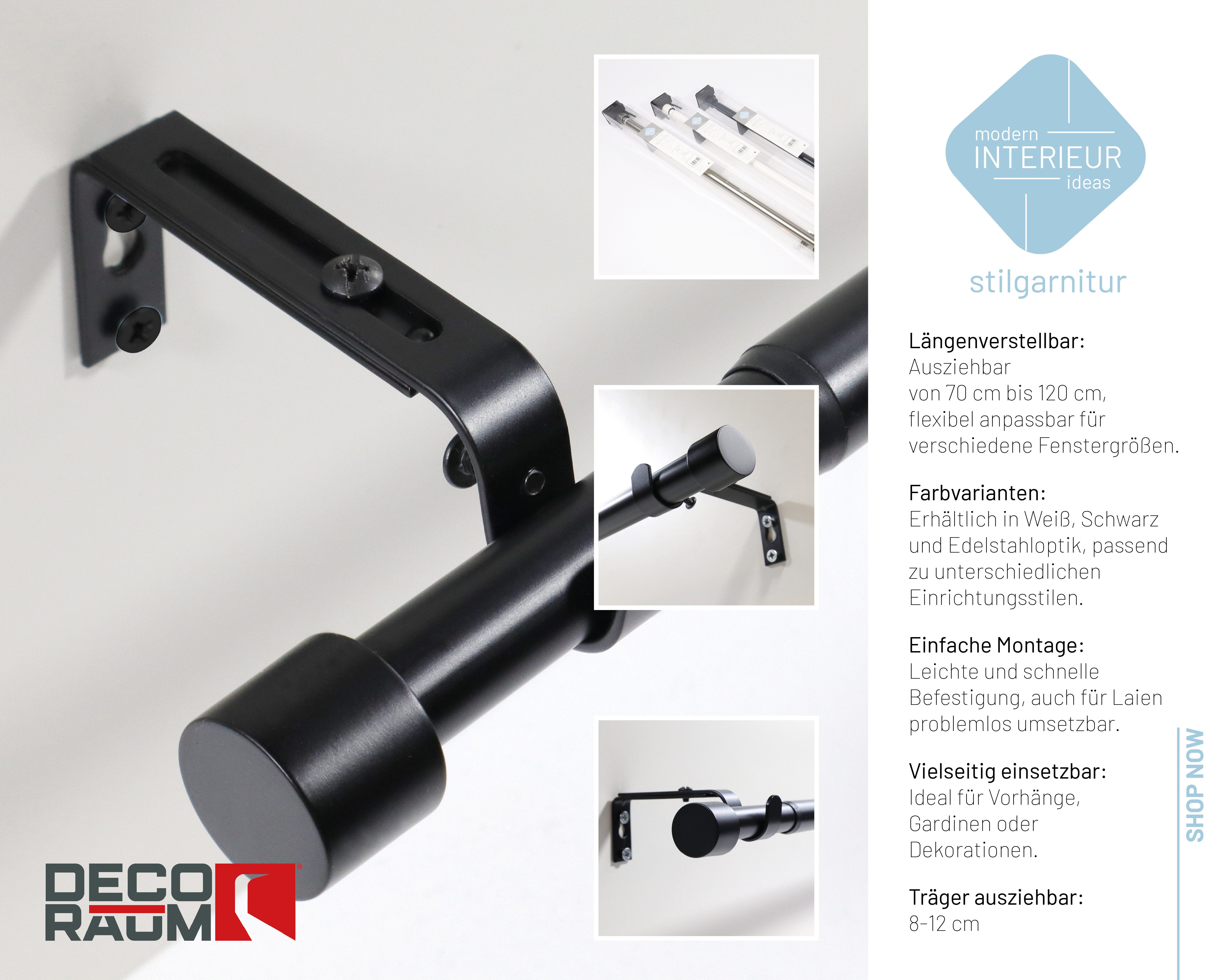 Deco-Raum Gardinenstange Flexa Stilgarnitur Set ausziehbar, Ø 19 mm, 1-läufig, ausziehbar, Wandmontage, verschraubt, Metall, perfekt für Dekoschals Gardinen – Bild 3 von 5