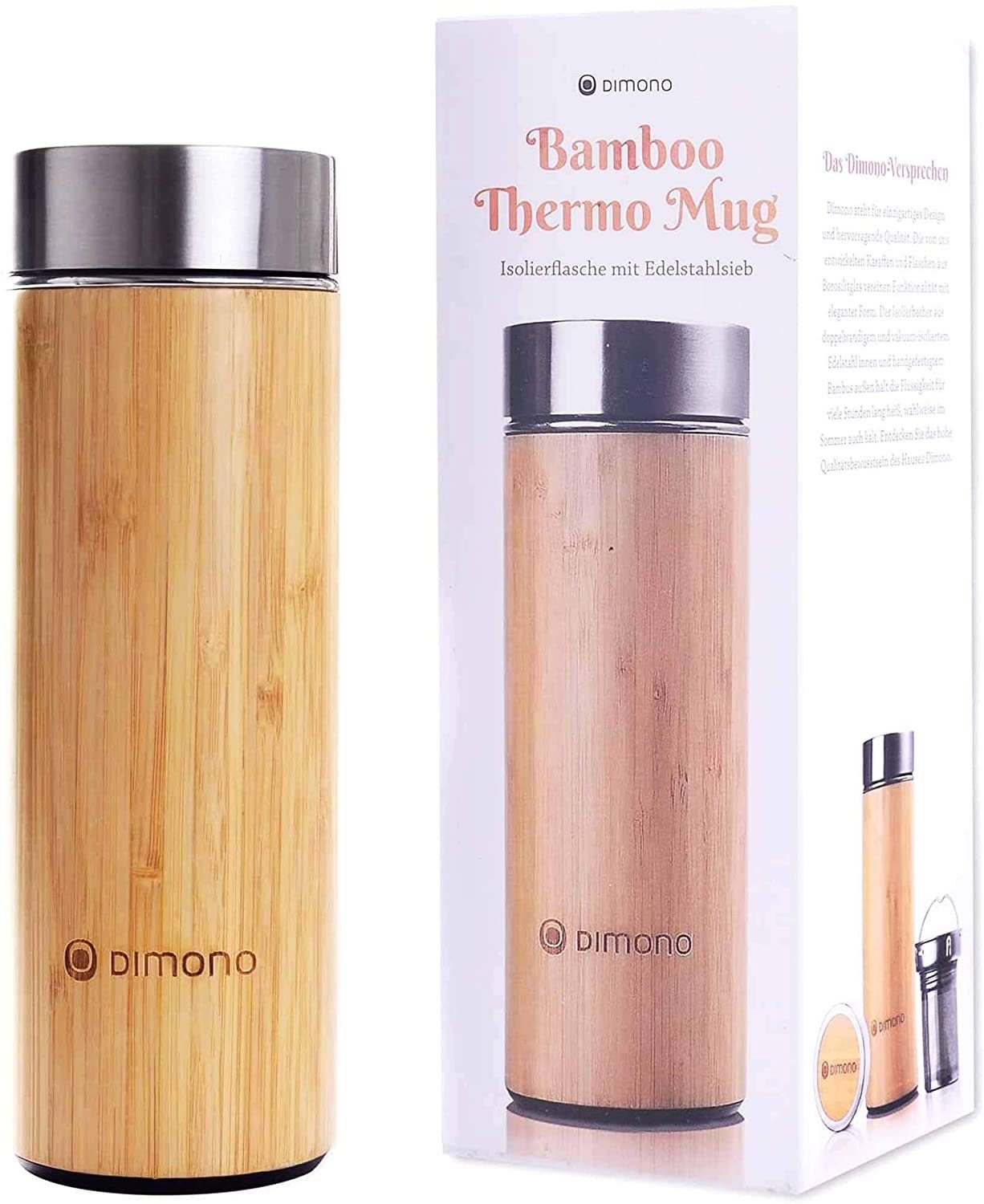 Dimono Thermoflasche Bambus Thermobecher mit to go Tee Teamaker Tee-Sieb