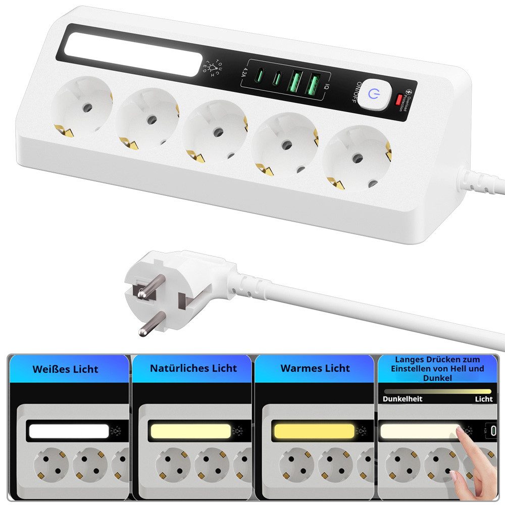 QUBEBU Steckdose 5fach Steckdosenleiste mit 2x USB-C 2x USB-A, 1,8 m Verlängerungskabel, 9-IN-1 Mehrfachsteckdose, Steckdosenleiste für Zuhause,Büro, 1-St.