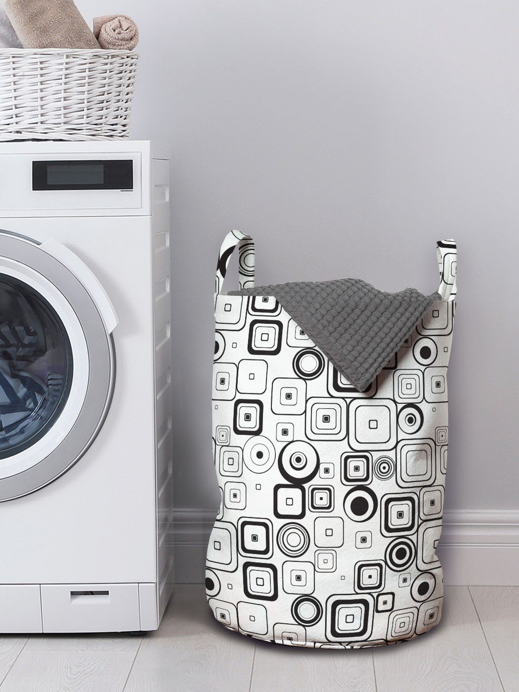 Waschsalons, Schwarz mit Kreise Griffen weiß Quadrate Kordelzugverschluss für Wäschesäckchen Abakuhaus Wäschekorb und
