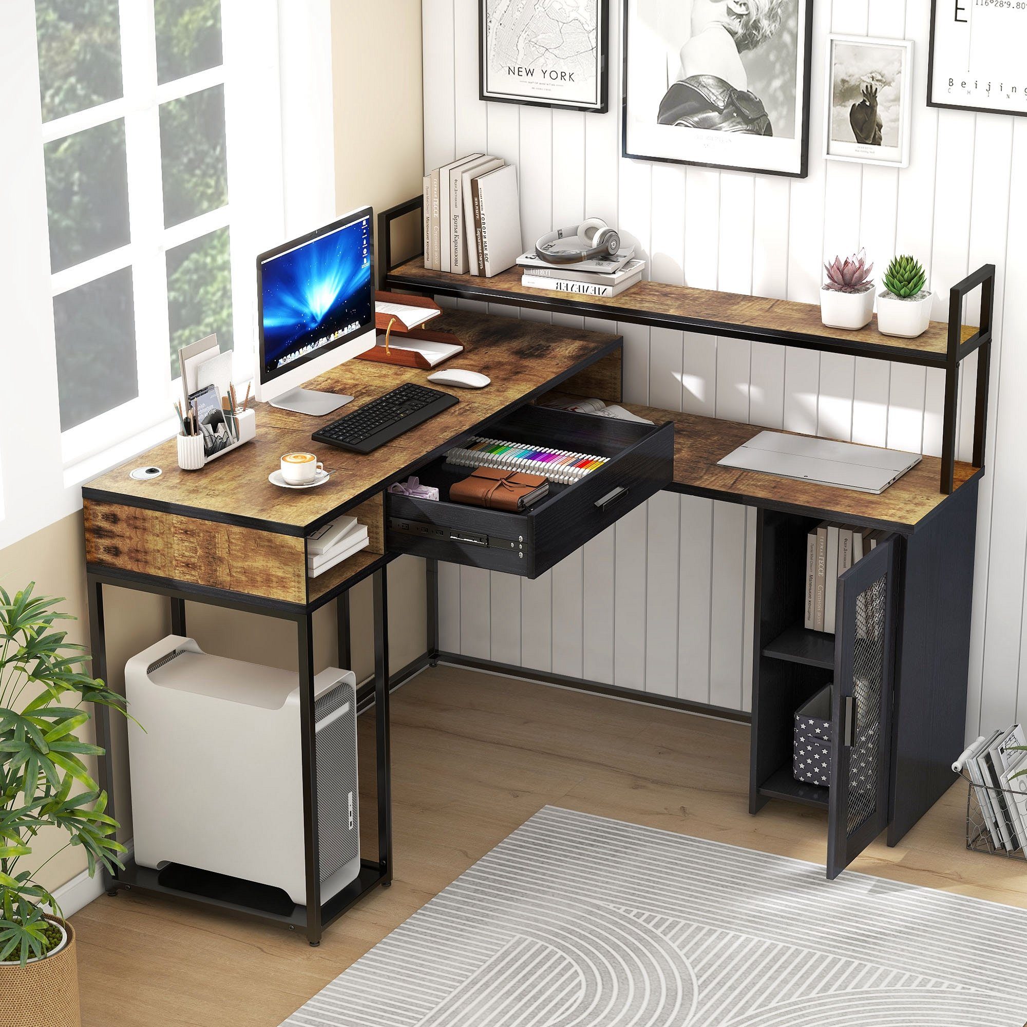 Celya Schreibtisch Computertisch mit Schubladen und Schränken, L-förmiger  Ecktisch, Schreibtisch, Regaltisch