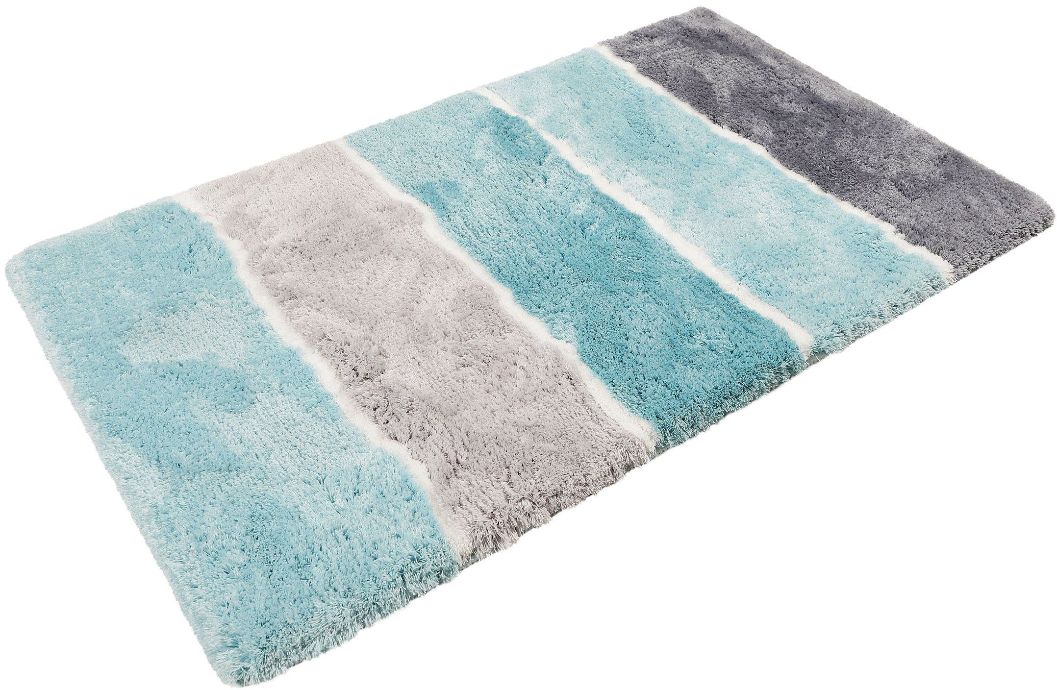 Homie Living Badematte Rio Marina, Höhe 30 mm, rutschhemmend beschichtet, schnell trocknend, fußbodenheizungsgeeignet, Polyester, rechteckig, flauschiger Badteppich, modern gestreift, waschbar, Badezimmerteppich