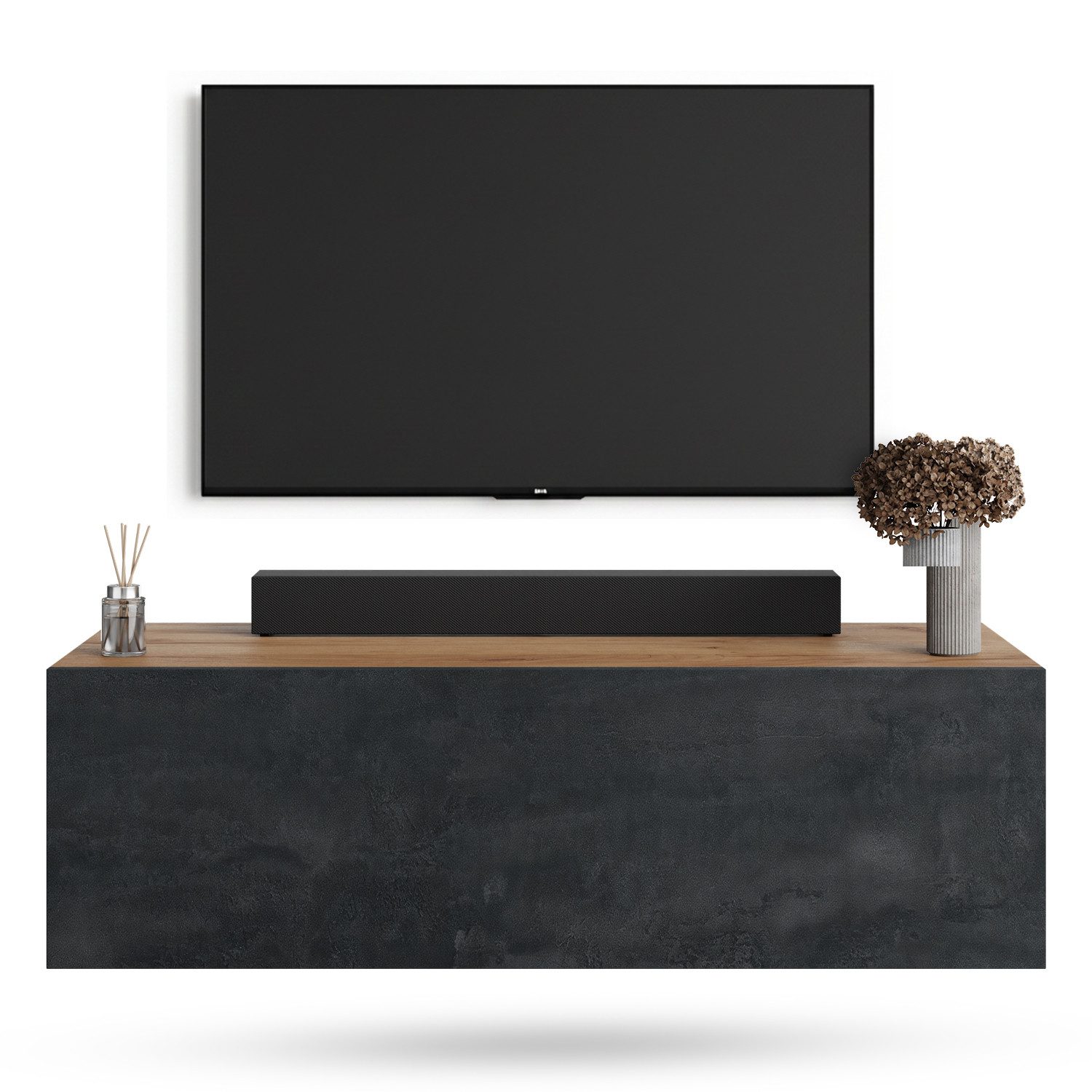 Planetmöbel TV-Schrank West TV-Board, Fernsehtisch 100 cm lang, TV-Lowboard (für Fernseher bis 55 Zoll, TV Schrank viel Stauraum, 1-St., sideboard hängend, Fernsehschrank 100 x 30 x 37,5 cm) gold eiche - schwarz charcoal