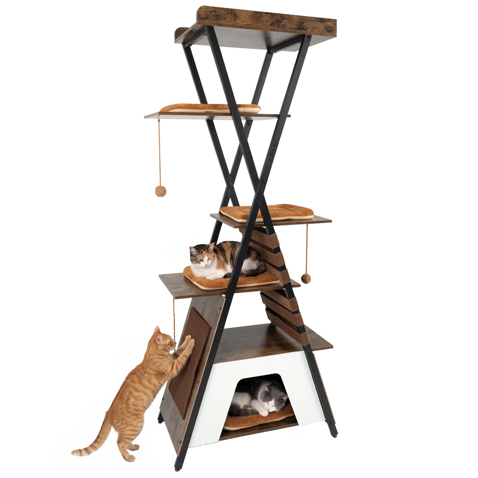 COSTWAY Kratzbaum, 185 cm Katzenbaum, mit 4 Plattformen, Höhle, Katzenhaus
