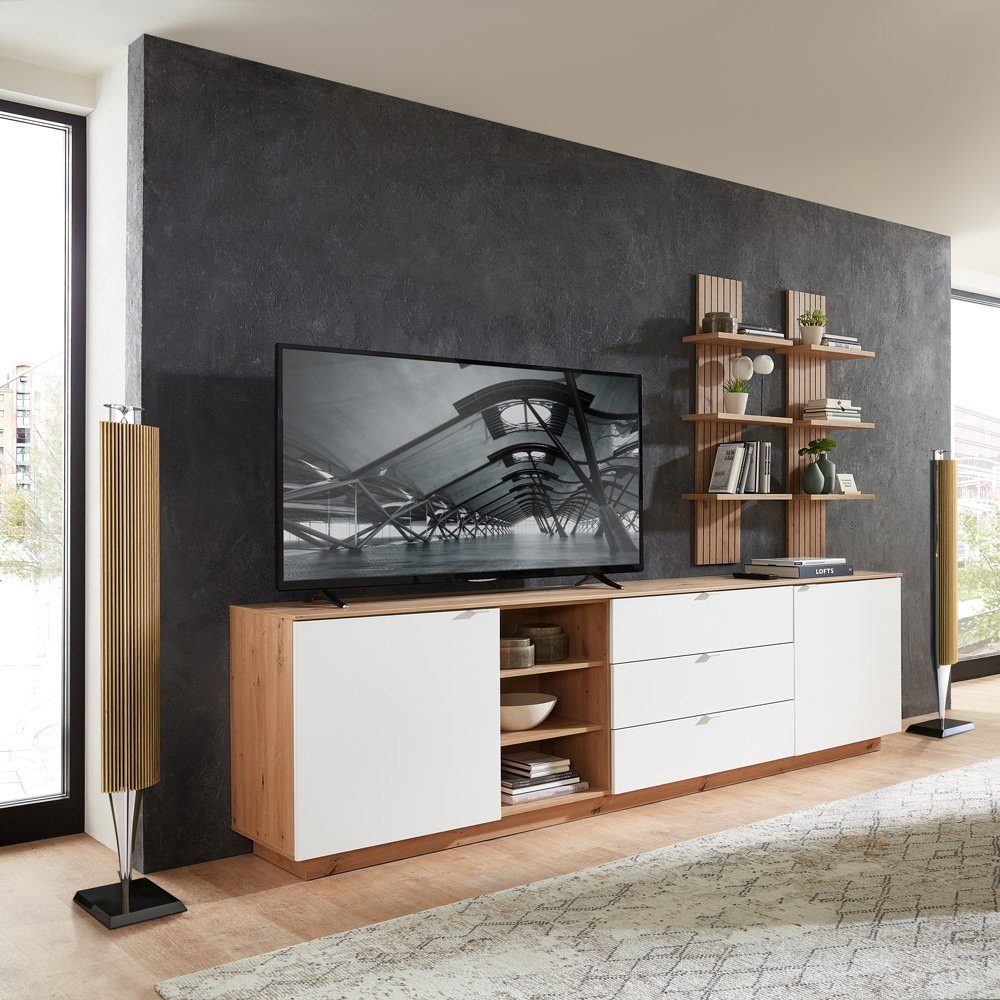 Lomadox Wohnwand mit Eiche 3-tlg), Set Wohnwand, mit Wandboards Fernsehschrank (3-St., 240 cm, 2 CUST-36, weiß