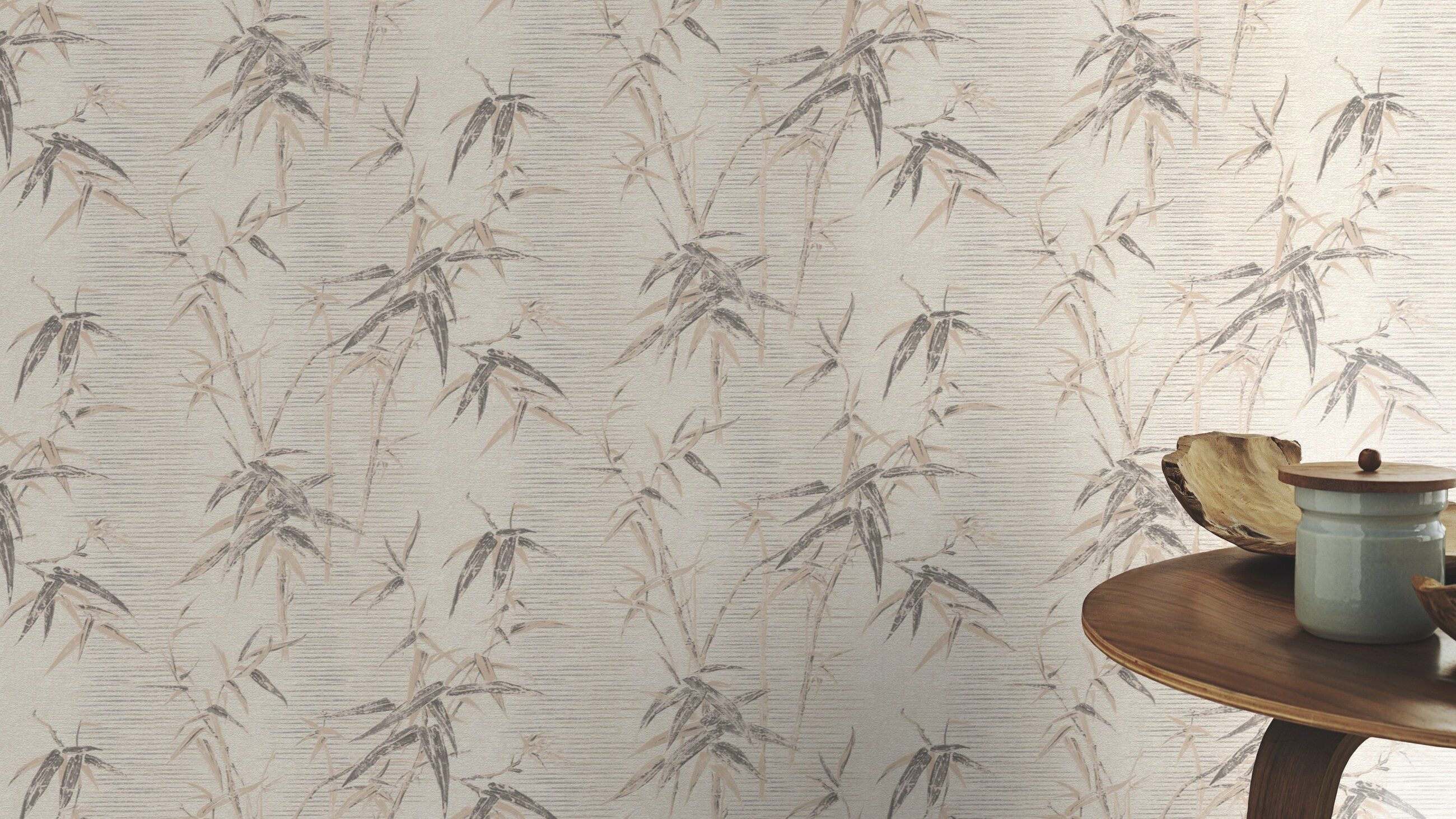 Rasch Vliestapete Bambus - Vliestapete Weiß Beige Grau, Floral, (1 Rolle, 1 St., 10,05 m x 0,53 m), gute Lichtbeständigkeit, feucht abwischbar, restlos abziehbar