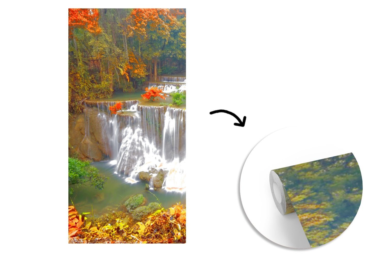 bedruckt, Wasserfall Vliestapete Fototapete Bäume MuchoWow - Herbst, für Wohnzimmer - Küche, Fototapete Schlafzimmer St), (2 Matt,