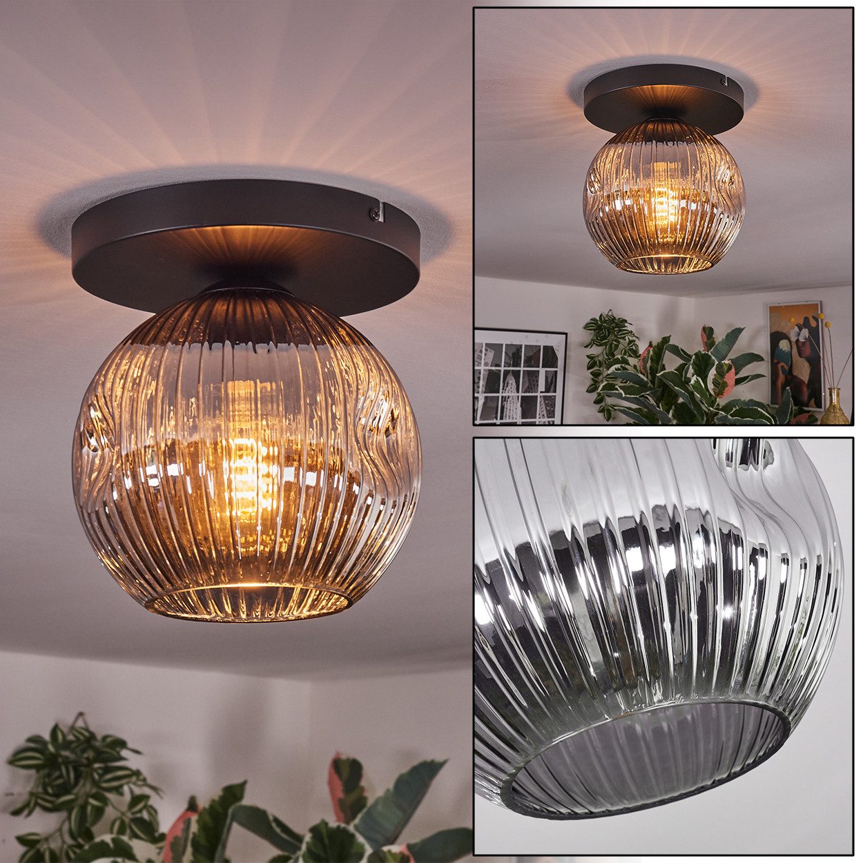 Deckenleuchte Deckenlampe aus Metall/Riffelglas in Schwarz/Rauchfarben