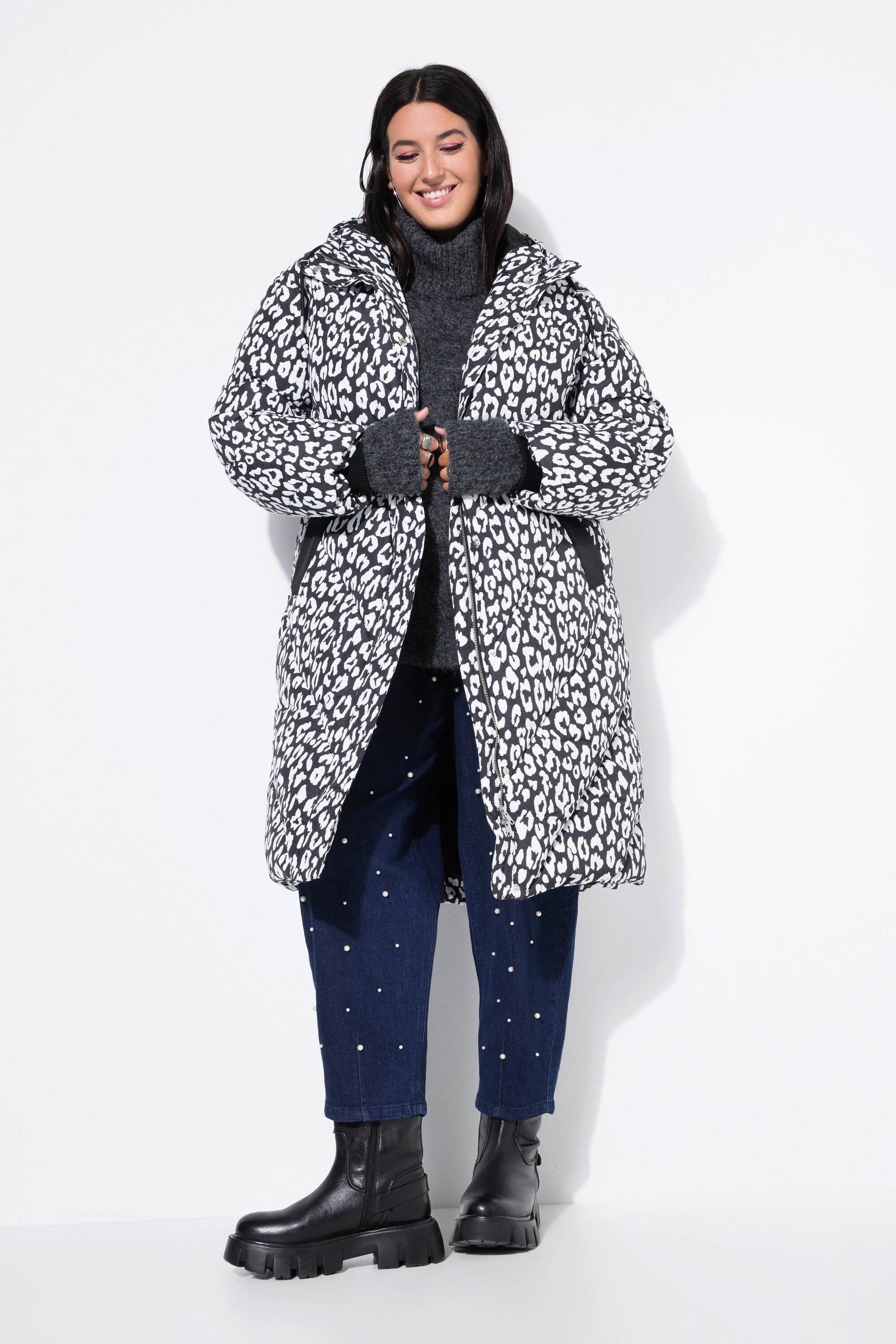 Studio Untold Steppmantel Steppmantel Leo-Muster 2-Wege-Zipper Kapuze