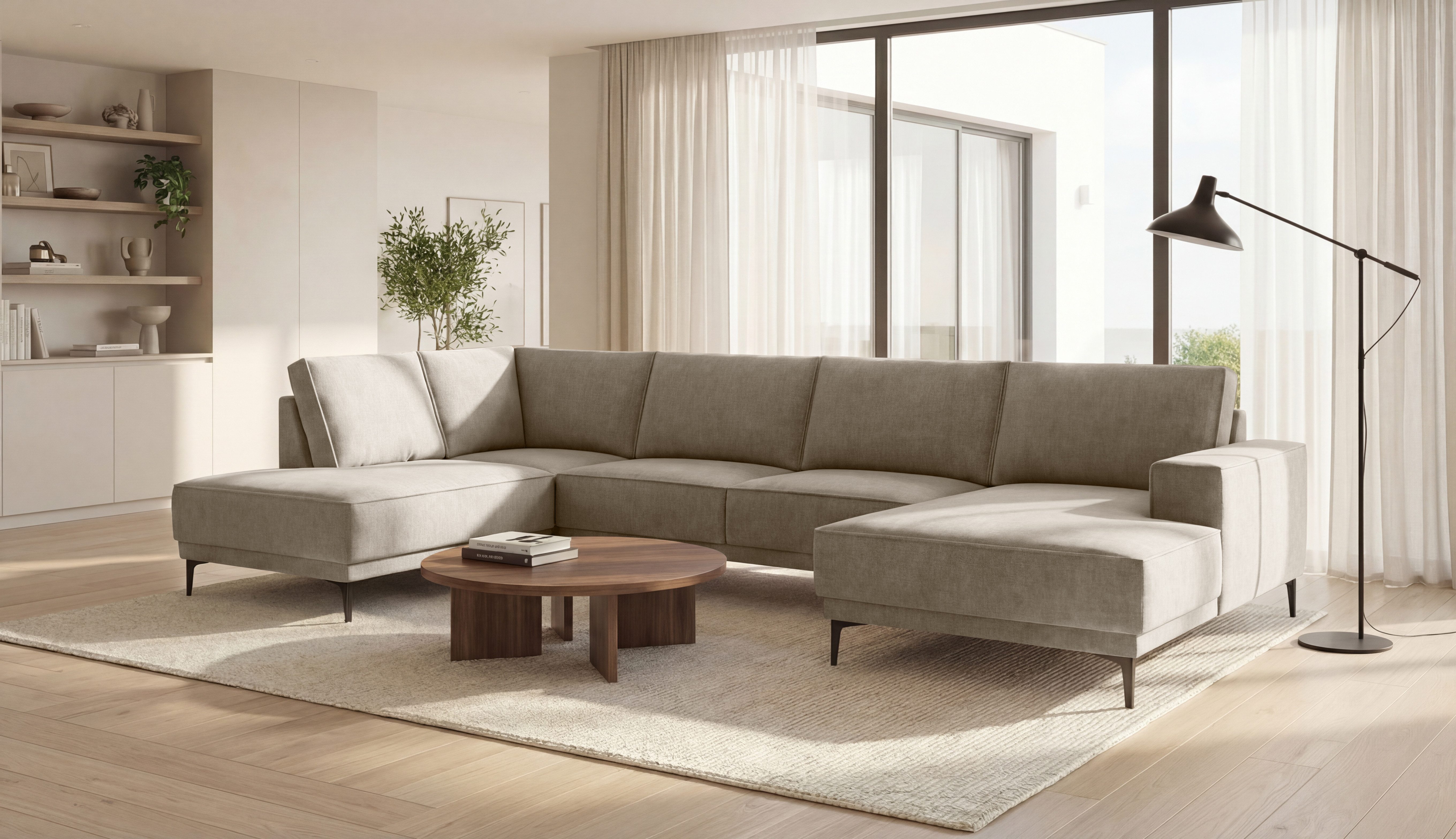 OTTO home Wohnlandschaft XXL Sofa Oland, Struktur, Flachgewebe, Luxus-Microfaser, Boucle, U-Form, 345 cm, Wellenunterfederung, Skandi-Design, Metallfüße