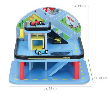 Bubble-Store Spiel-Parkgarage Parkdeck mit Aufzug (FSC-zertifiziert Holzspielzeug), 2 Autos Parkdeck 2 Etagen + Hubschrauberlandeplatz