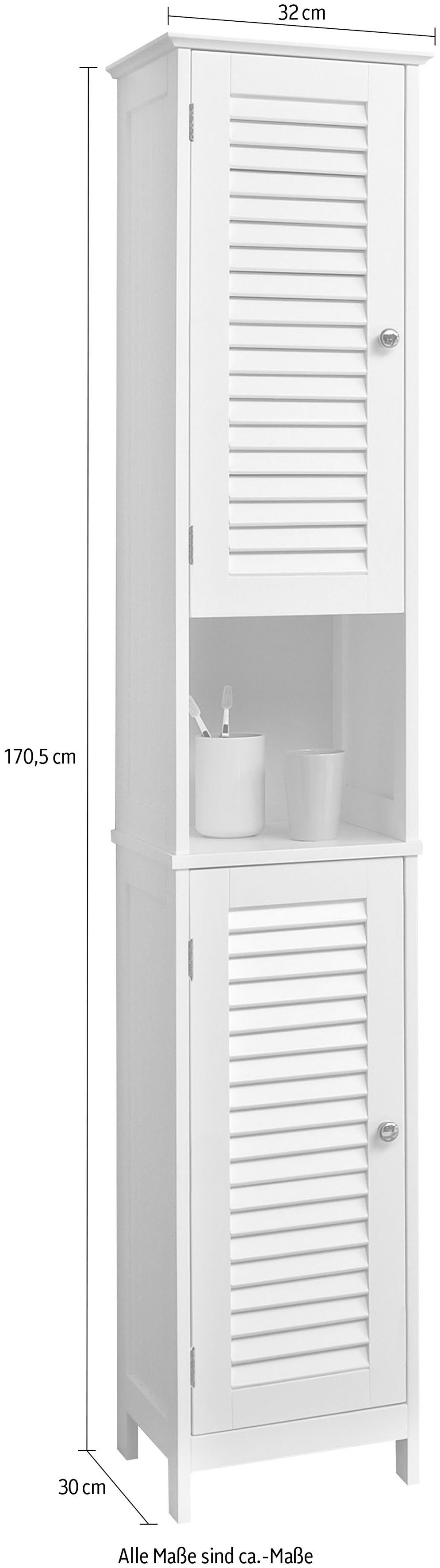 Saphir Hochschrank Quickset 928 Badschrank 32 cm breit, 2 Türen, Nische, 3 Einlegeböden Badezimmer-Hochschrank, Weiß mit Knopfgriffen, Landhaus-Stil – Bild 4 von 5