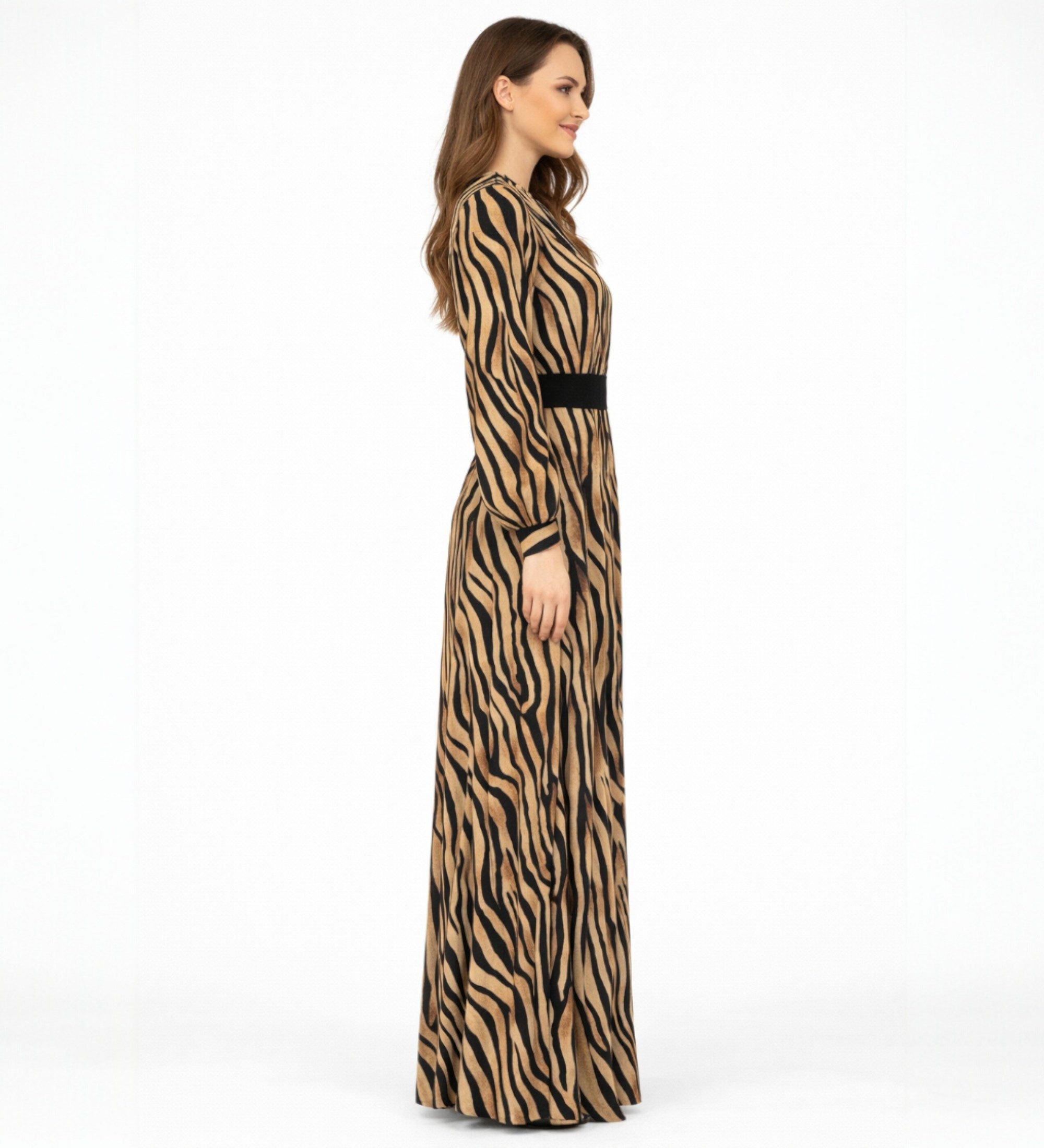 fashionshowcase Chiffonkleid Damen Abendkleid im Zebramuster Langärmlig – Modest Fashion elastisches Taillenband, gefüttert