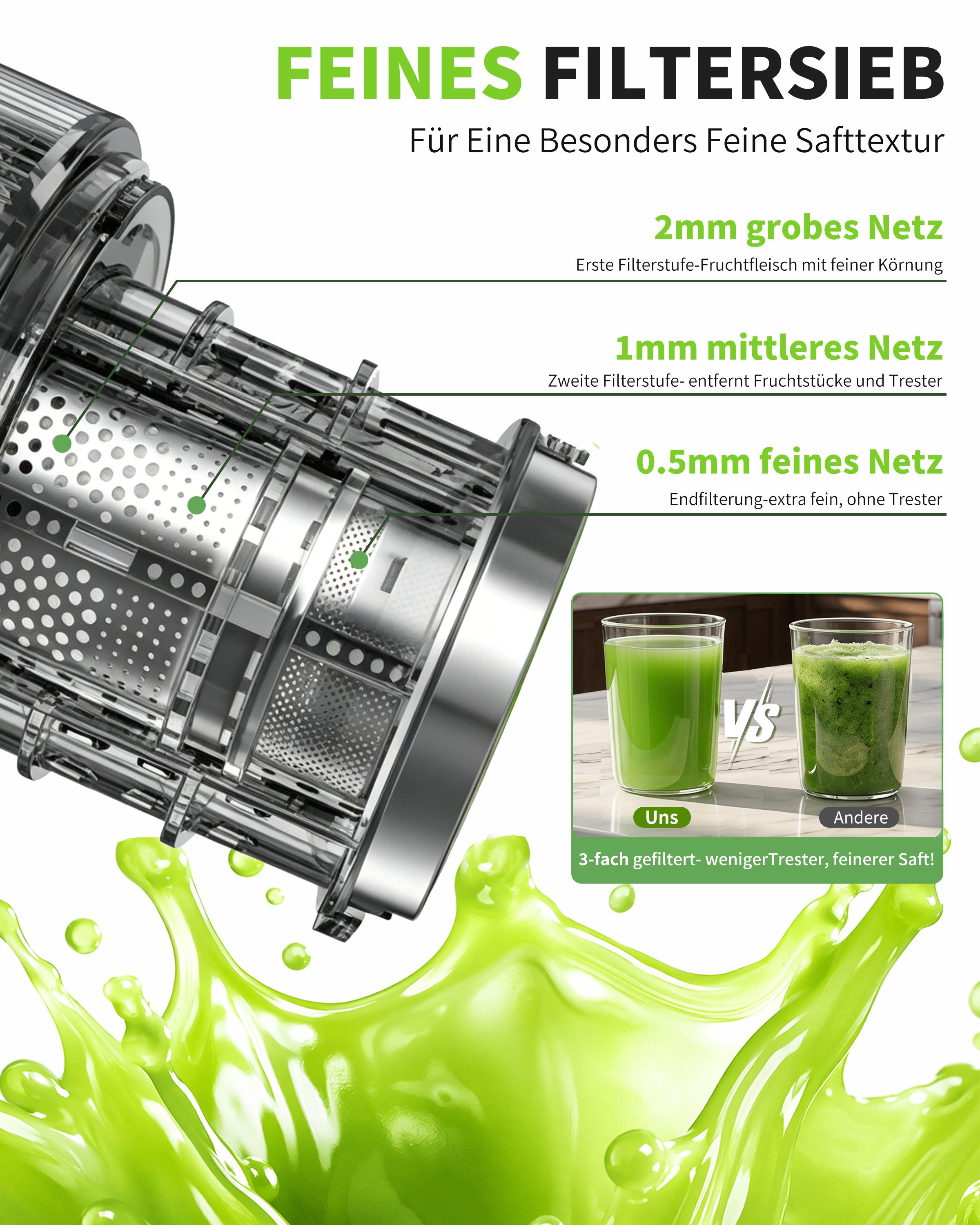 Luckice Slow Juicer Entsafter mit 140-mm-Einfüllöffnung,hoher Saftausbeute,REV-Funktion, 400 W, BPA-frei, spülmaschinengeeignet, inkl. 2 Behältern – Bild 5 von 5