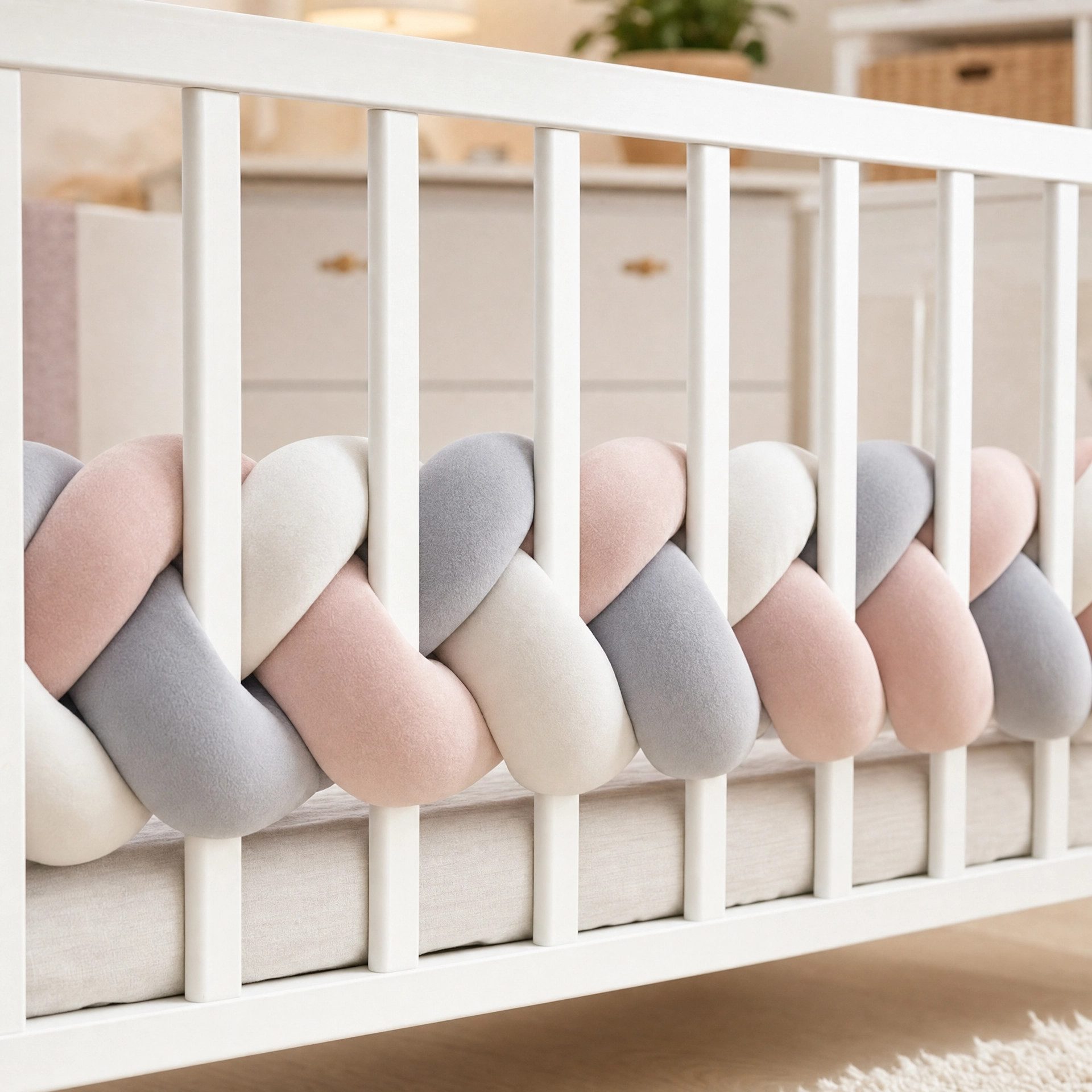 LuMali Nestchenschlange Bettschlange geflochten 210cm Nestchen Bettumrandung Babybett Zopf, Stillkissen Seitenschläfer Velour weich hypoallergen Pastellfarben