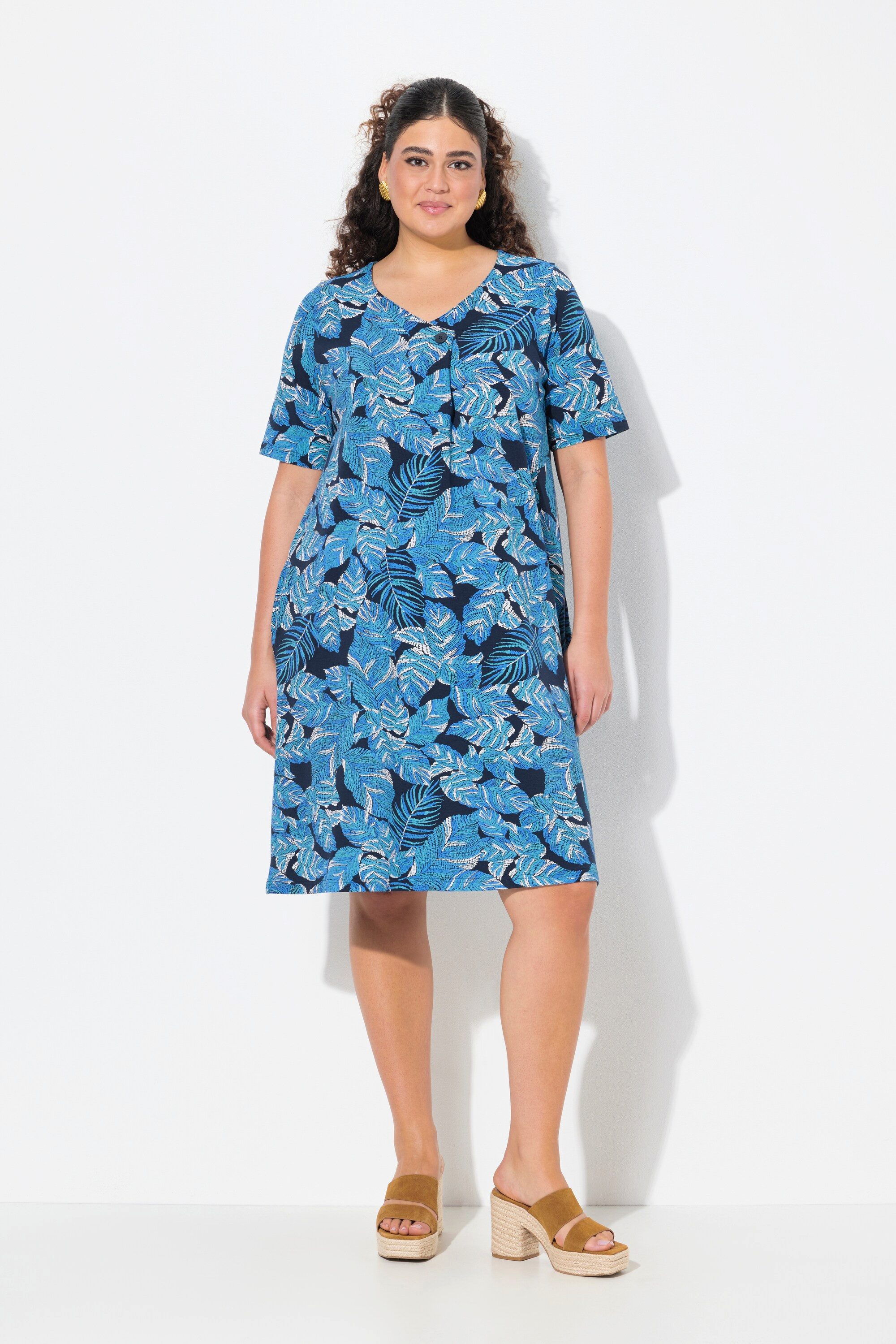 Ulla Popken Jerseykleid Jerseykleid Blätter A-Linie V-Ausschnitt Halabrm günstig online kaufen