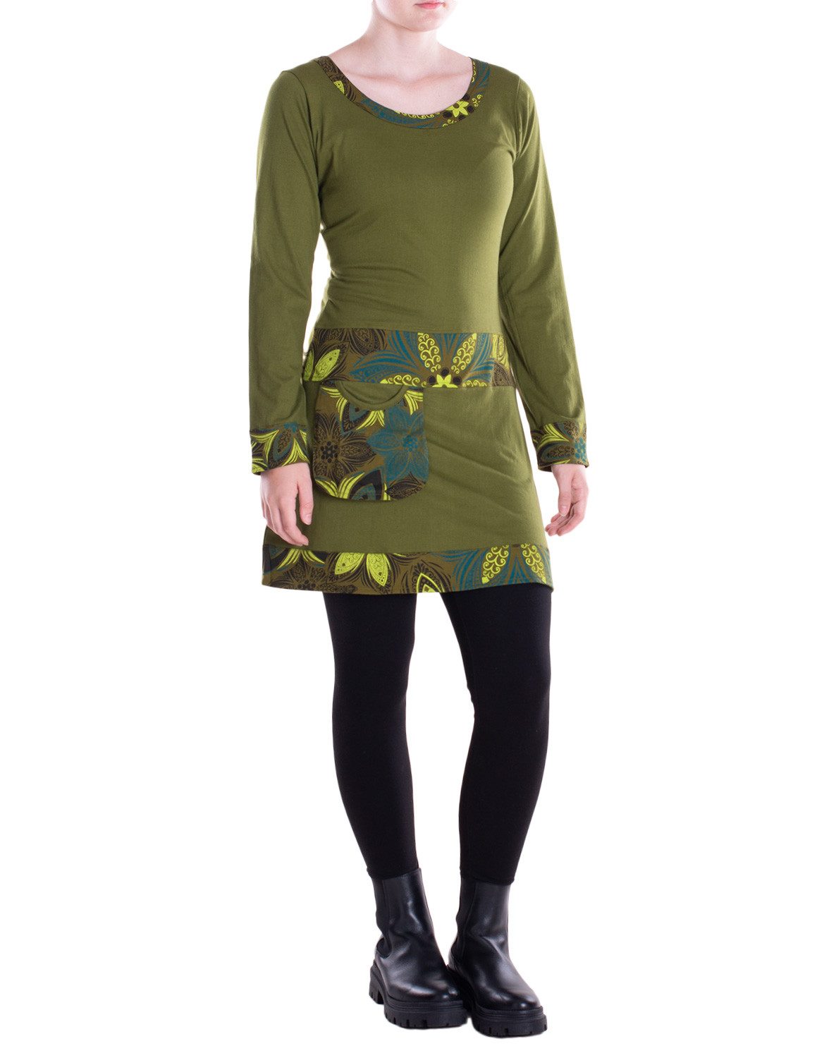 Vishes Midikleid Damen A-Linie Baumwolle Blumen-Muster mittlere Taille mit Taschen Alternative Bekleidung, Ethno, Hippie, Retro Style