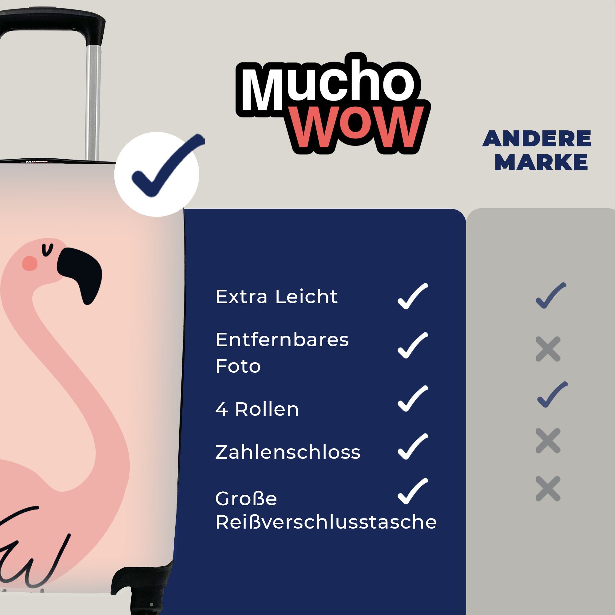 MuchoWow Handgepäckkoffer Illustration eines rosa 4 Handgepäck für Hintergrund, Reisetasche einem Ferien, Trolley, Reisekoffer Rollen, mit Flamingos rollen, auf rosa
