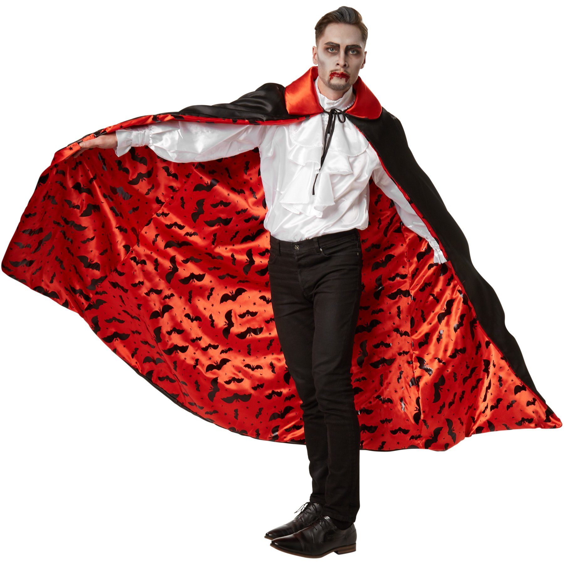 dressforfun Umhang Dracula-Cape/Vampirüberwurf, Leichter glänzender Stoff, Ärmellos, in schwarz/rot, Zweifarbiger Umhang mit Schnürung, Stilvoller Kragen