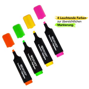 WESTCOTT Marker Textmarker 4 Stück Mix, Highlighter in 4 leuchtenden Farben, (Vorteilspack, 4-tlg., Grün, Gelb, Orange, Pink), 2-5 mm Strichstärke, Premium Tinte aus Deutschland