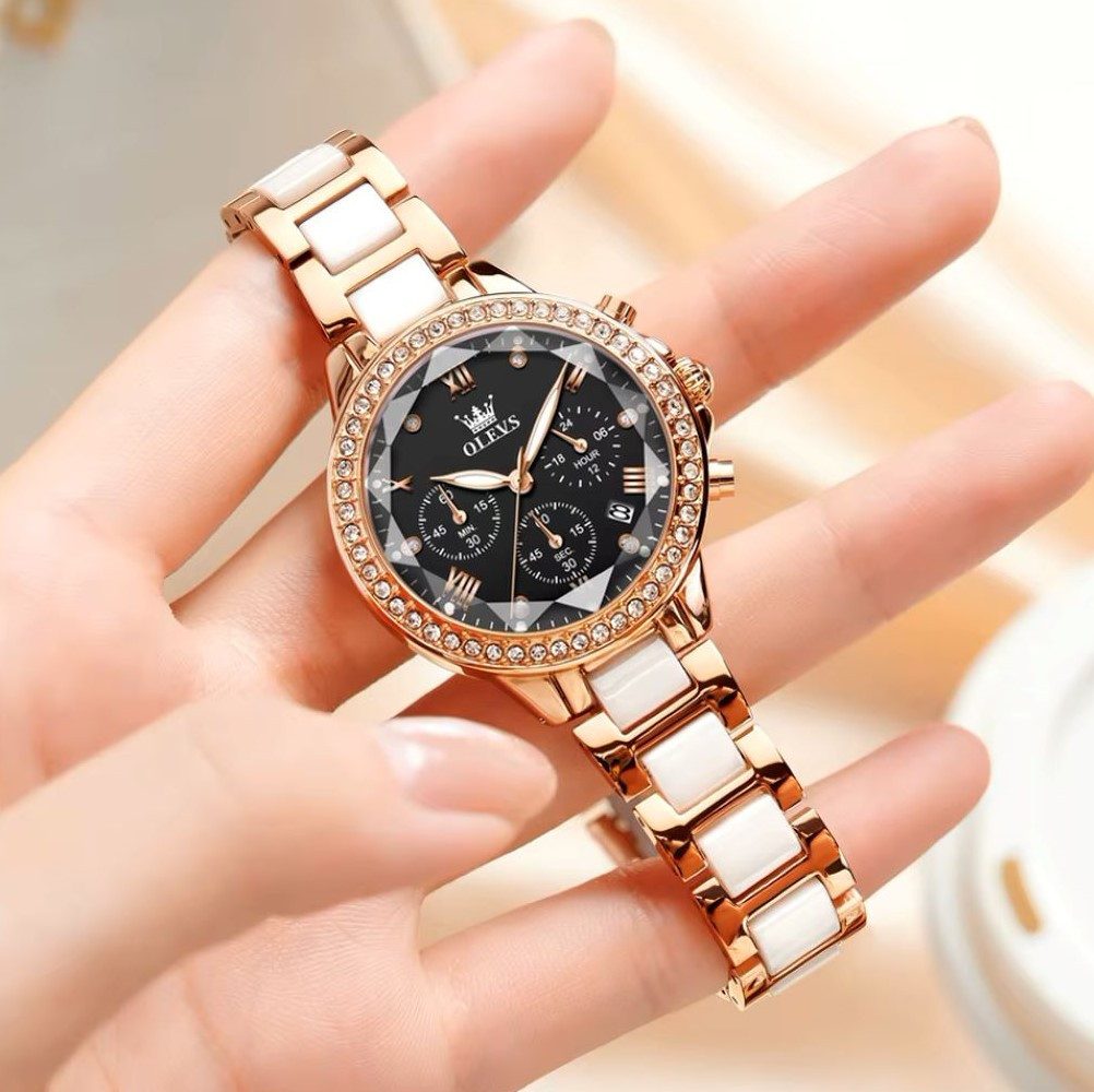 OLEVS Quarzuhr Olevs Uhr Keramik Luxus Damen Zifferblatt schwarz 3tlg Geschenkbox 9999, (Geschenkbox 3tlg)