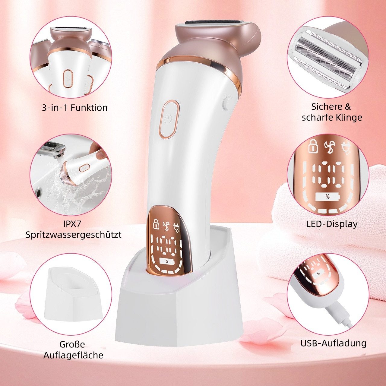 Scttomon Elektrokörperrasierer HT-583, Aufsätze: 1, Körperhaartrimmer, Epilierer, Gesichtstrimmer, 3 IN 1, Wet&Dry, EasyClean