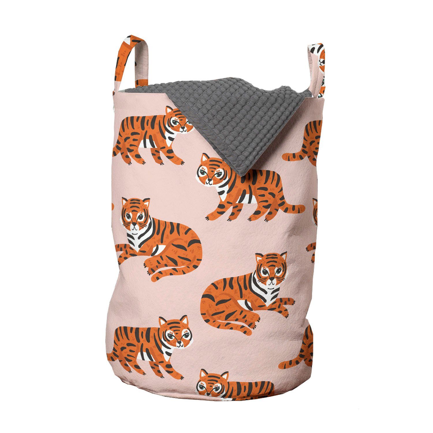 Abakuhaus Wäschesäckchen Wäschekorb mit Griffen Kordelzugverschluss für Waschsalons, Safari Childish Spaß Tiger-Muster