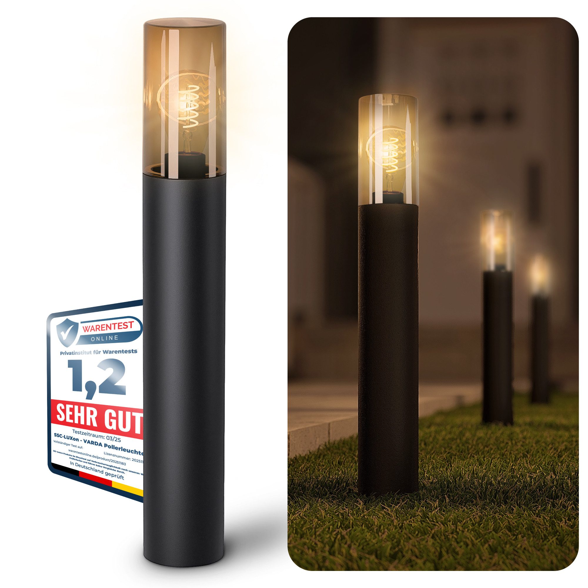 SSC-LUXon LED Gartenstrahler VARDA Pollerleuchte mit LED E27 Vintage Filament extra warmweiß 3W, Extra Warmweiß