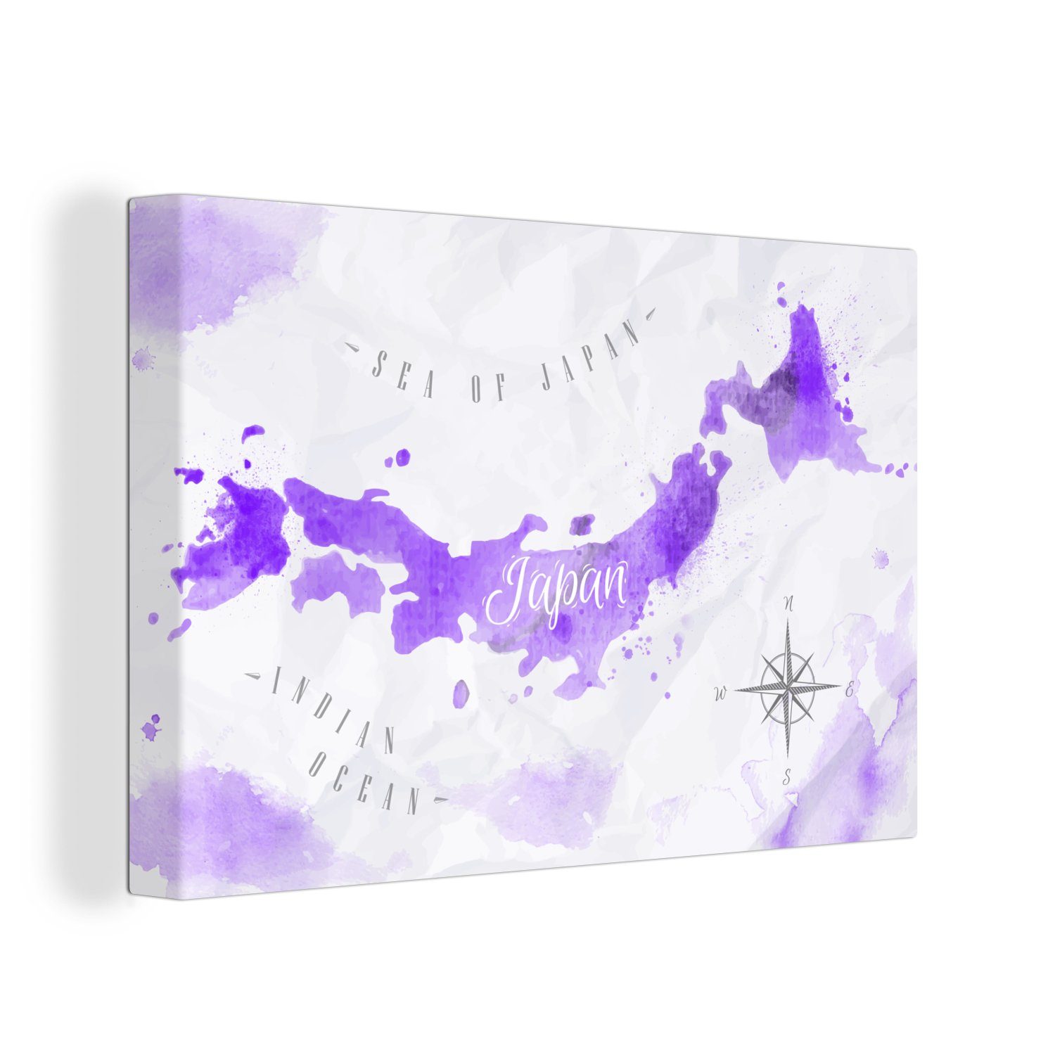 OneMillionCanvasses® Leinwandbild Weltkarten Violett, Japan - cm Wandbild Leinwandbilder, (1 Aufhängefertig, St), Wanddeko, - 30x20