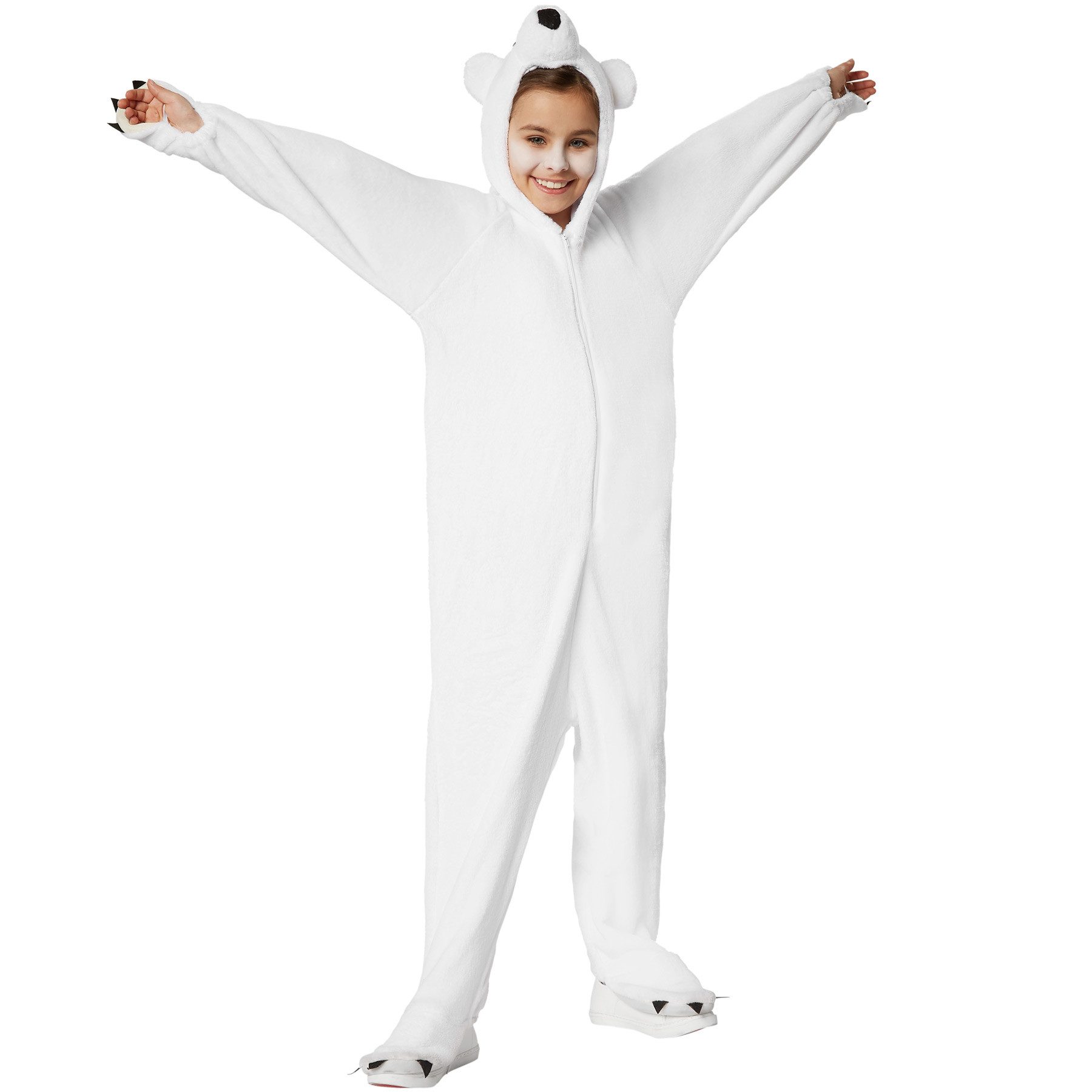 dressforfun Kostüm Bär, auch Polarbär, in weiß, Gr. 140 (9-10 Jahre), Kapuze mit Nase, Augen und Ohren, Aus flauschigem Plüschstoff, Angenähte Krallen