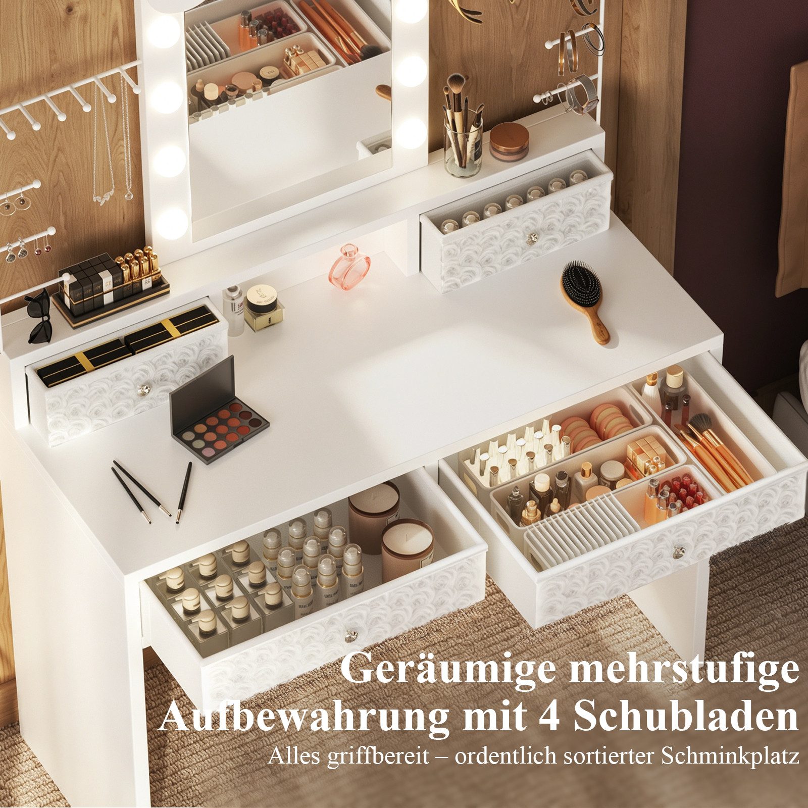 Patbrela Schminktisch mit beleuchtetem Spiegel, mit 3 Lichtmodi für Schlafzimmer, Seitliche Schmuckaufbewahrung